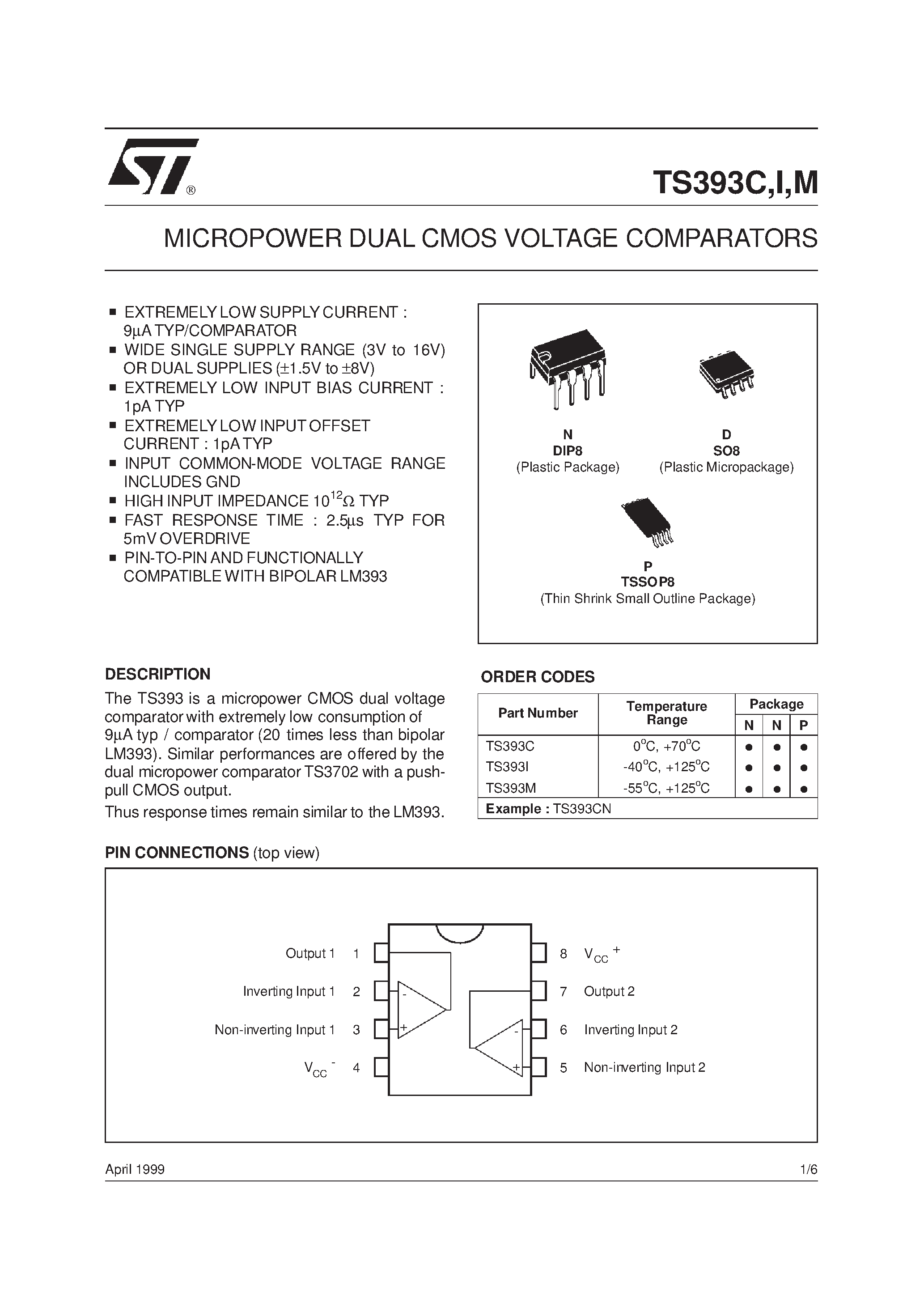 Даташит на микросхему TS393M страница 1 Даташит TS393M - MICROPOWER DUAL CMOS VOLTAGE COMPARATORS страница 1
