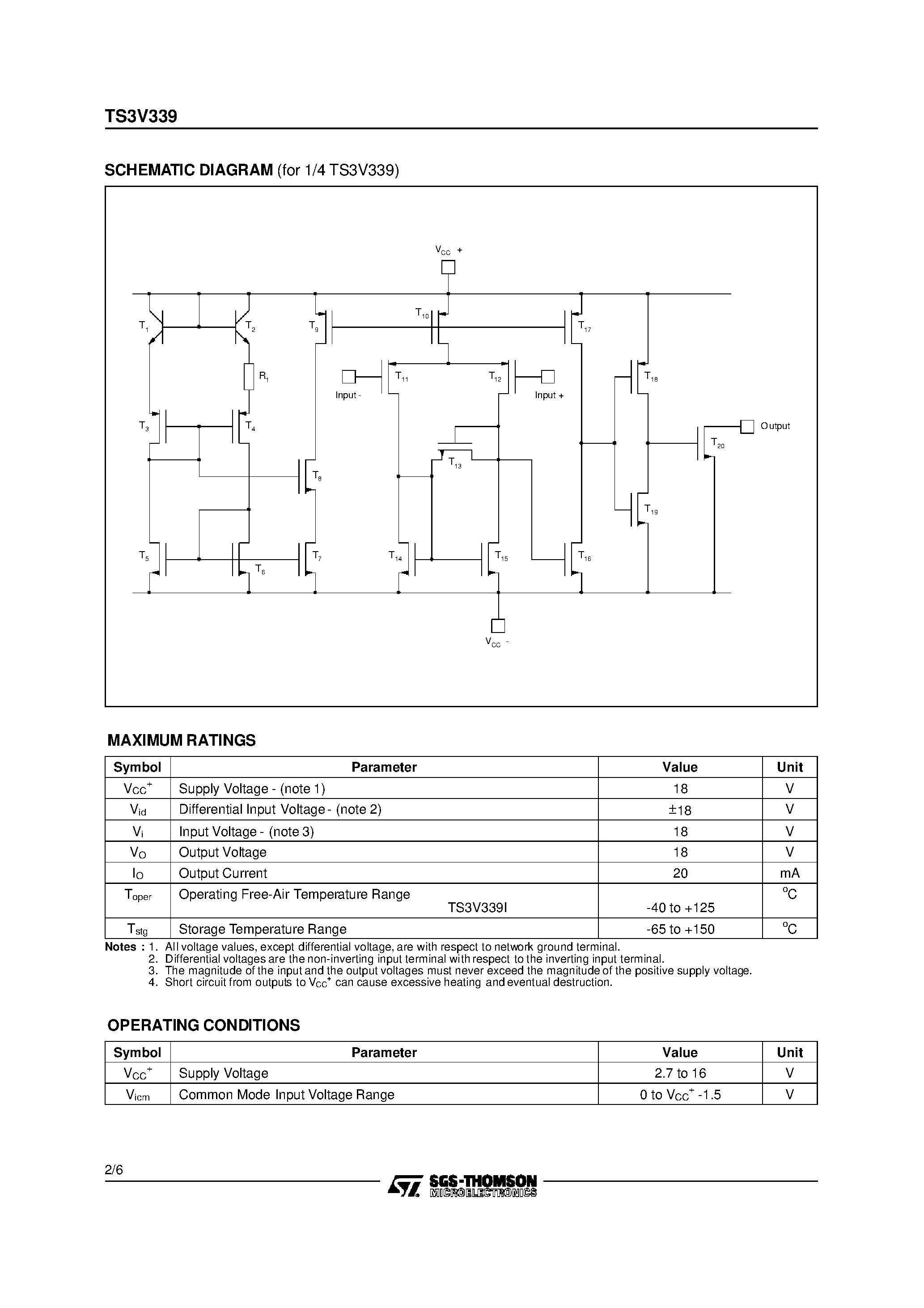 Datasheet TS3V339 - 3V MICROPOWER QUAD VOLTAGE COMPARATORS page 2