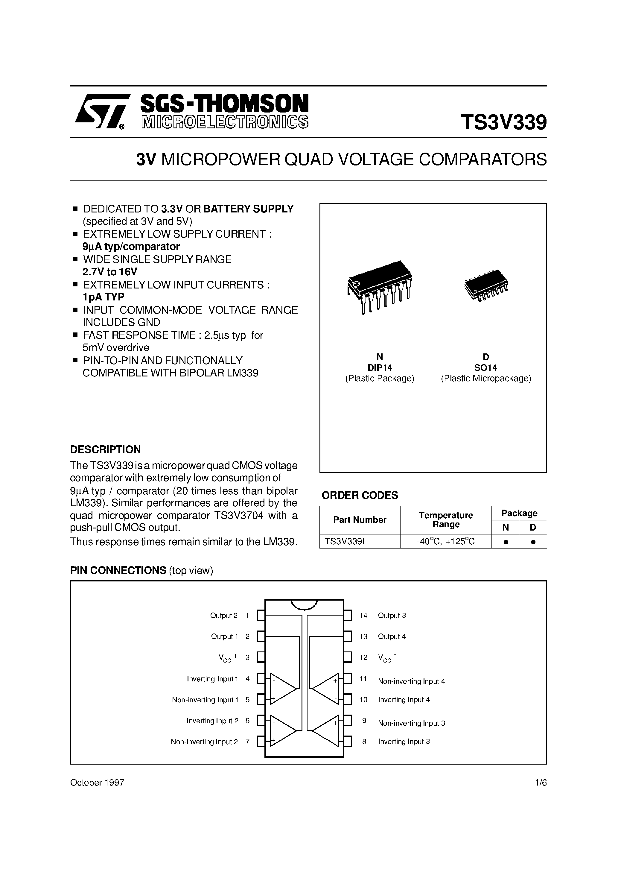 Datasheet TS3V339I page 1 Datasheet TS3V339I - 3V MICROPOWER QUAD VOLTAGE COMPARATORS page 1