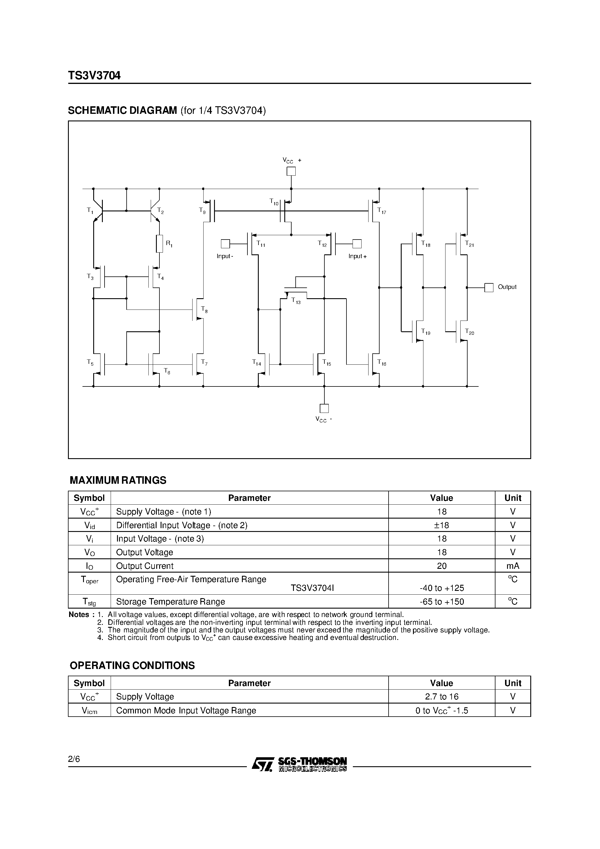 Datasheet TS3V3704 - 3V MICROPOWER QUAD VOLTAGE COMPARATORS page 2