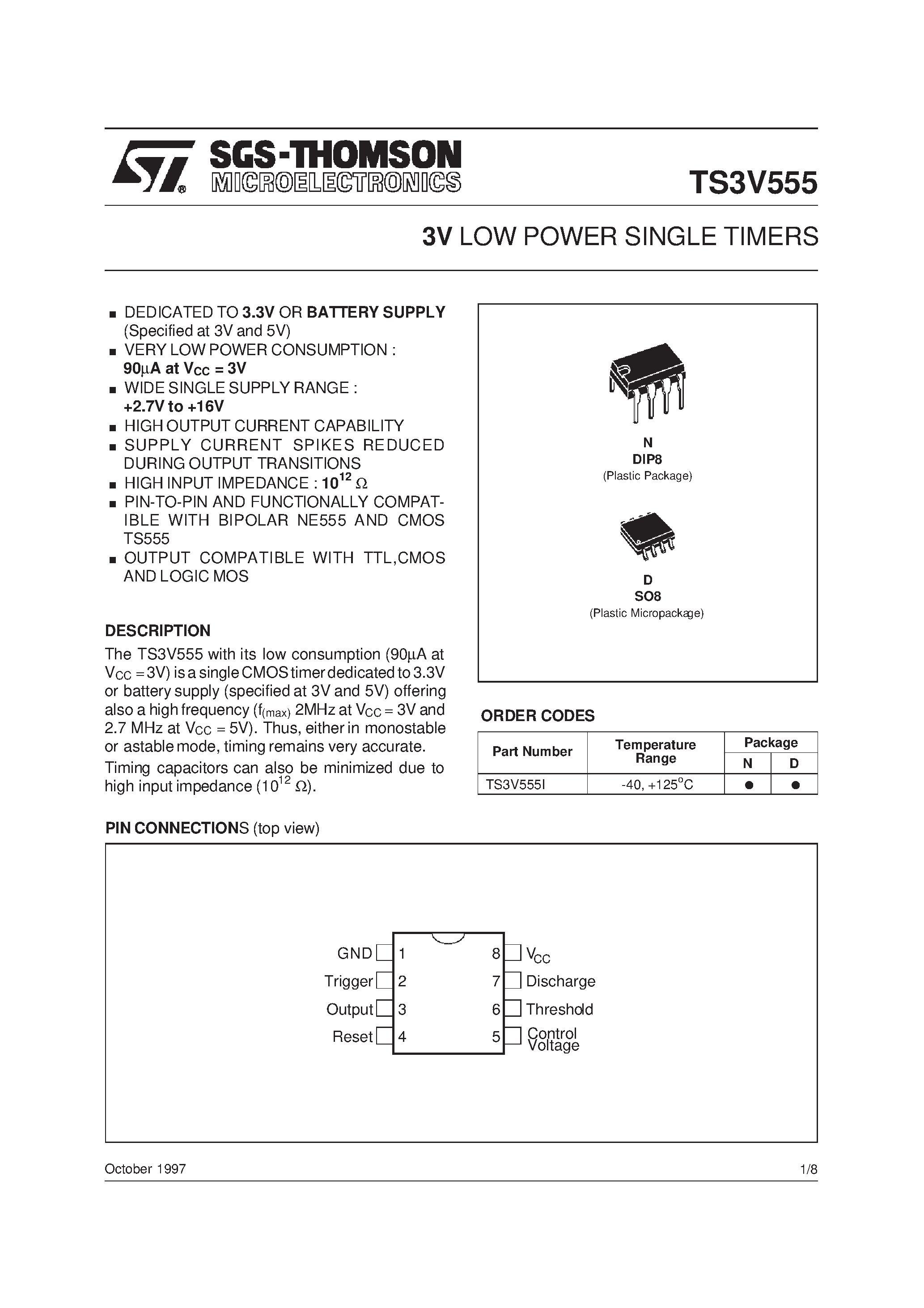 Datasheet TS3V555I page 1 Datasheet TS3V555I - 3V LOW POWER SINGLE TIMERS page 1