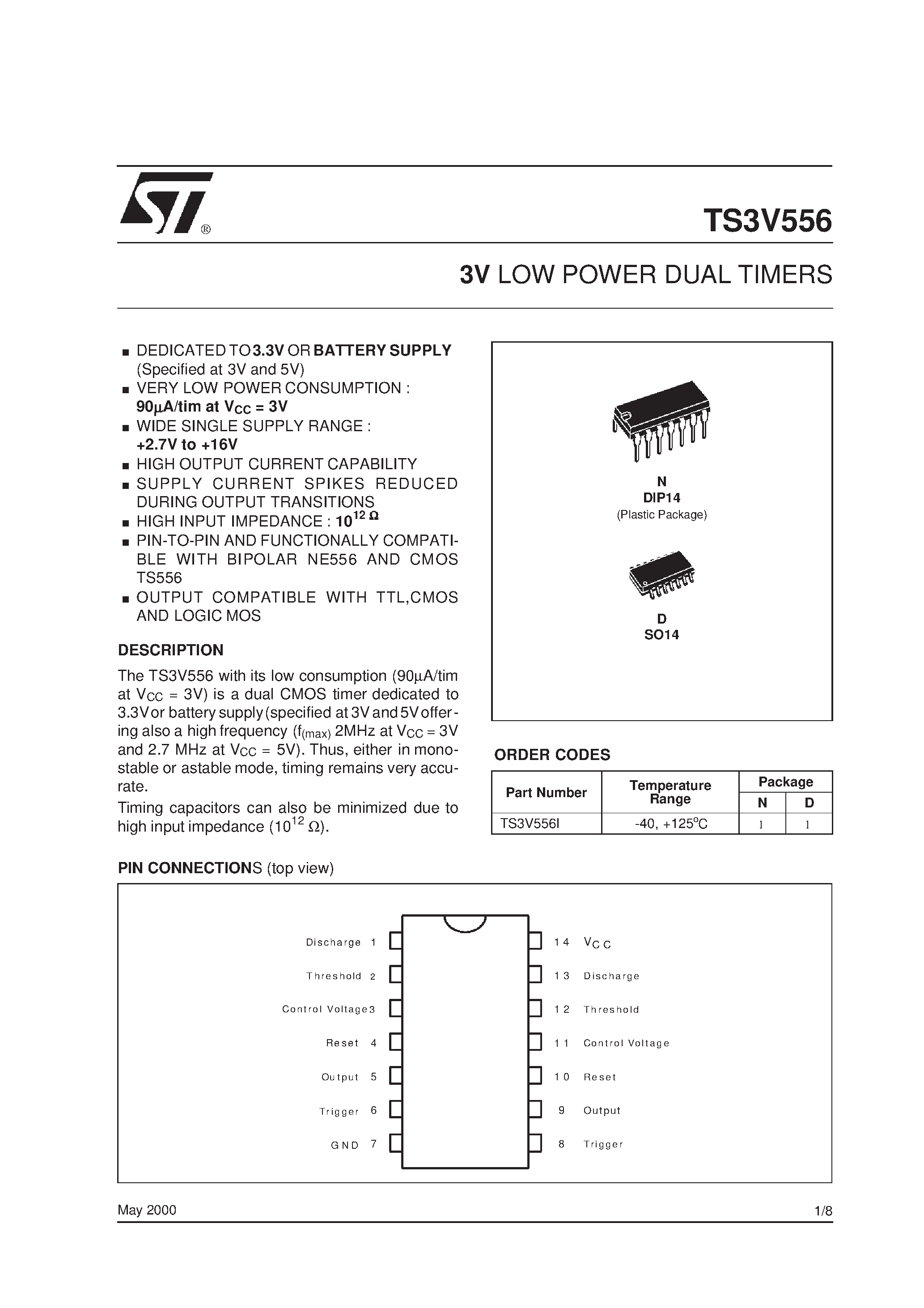 Datasheet TS3V556I page 1 Datasheet TS3V556I - 3V LOW POWER DUAL TIMERS page 1