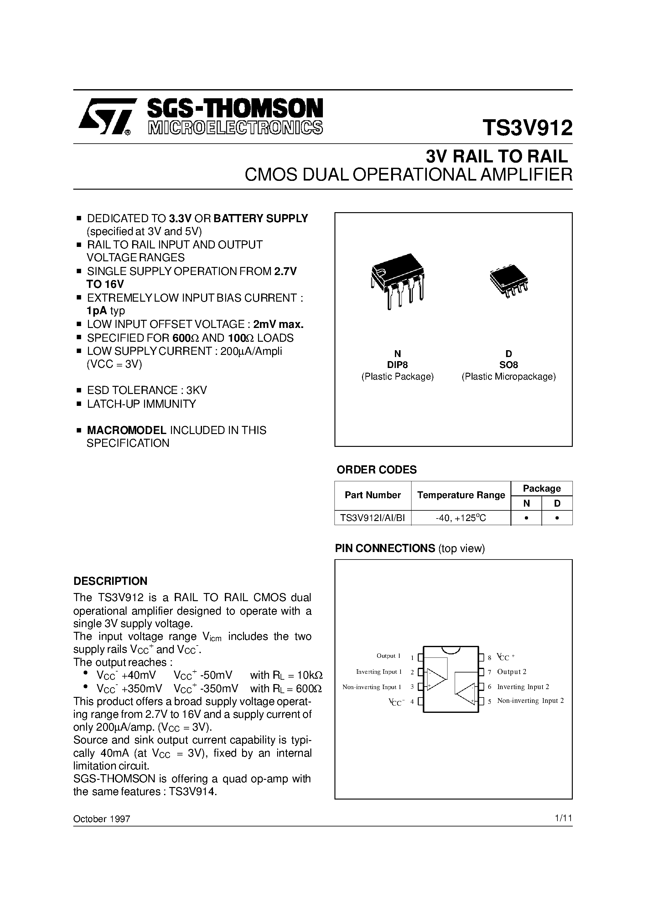 Datasheet TS3V912AI - 3V RAIL TO RAIL CMOS DUAL OPERATIONAL AMPLIFIER page 1
