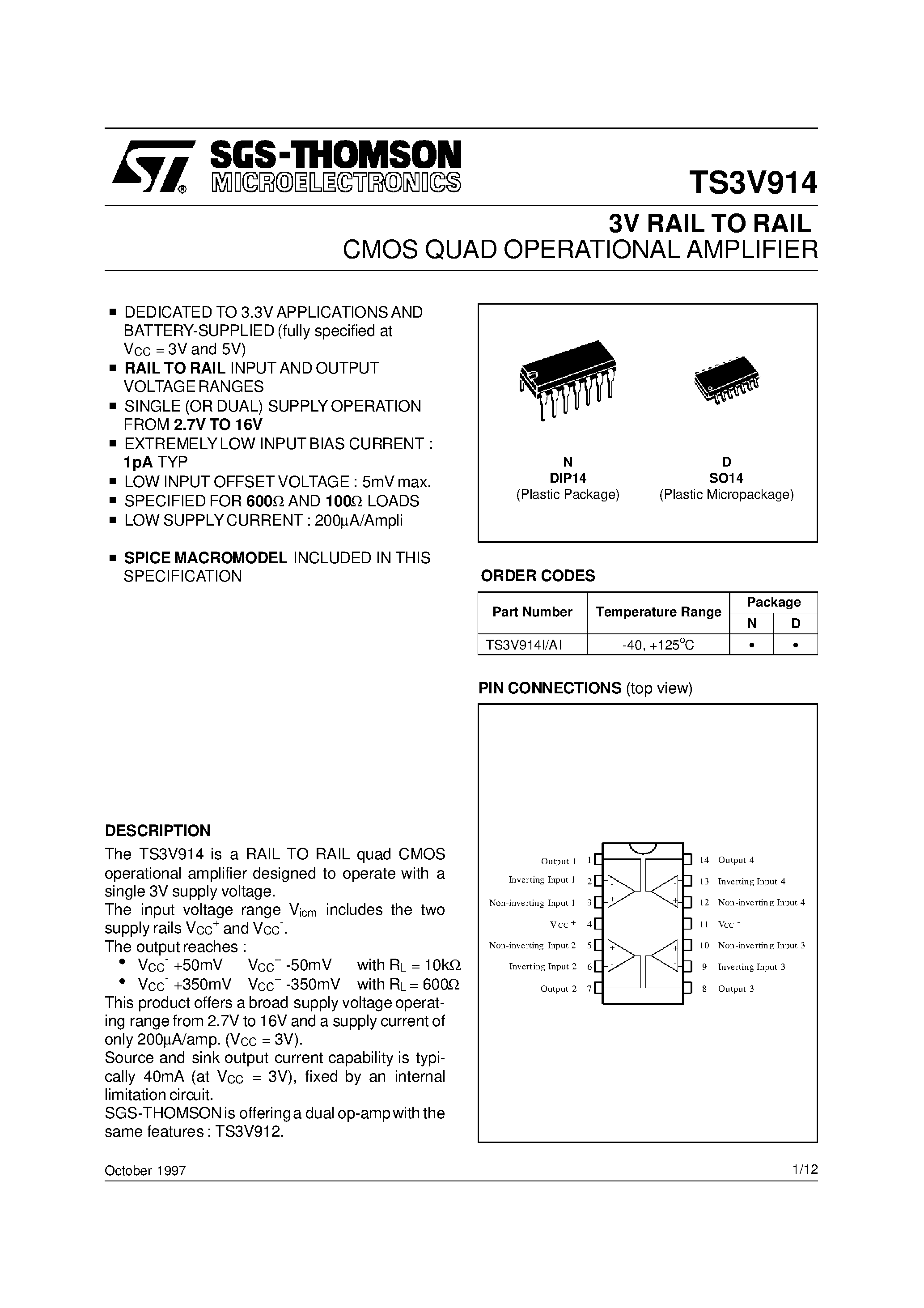 Datasheet TS3V914 - 3V RAIL TO RAIL CMOS QUAD OPERATIONAL AMPLIFIER page 1