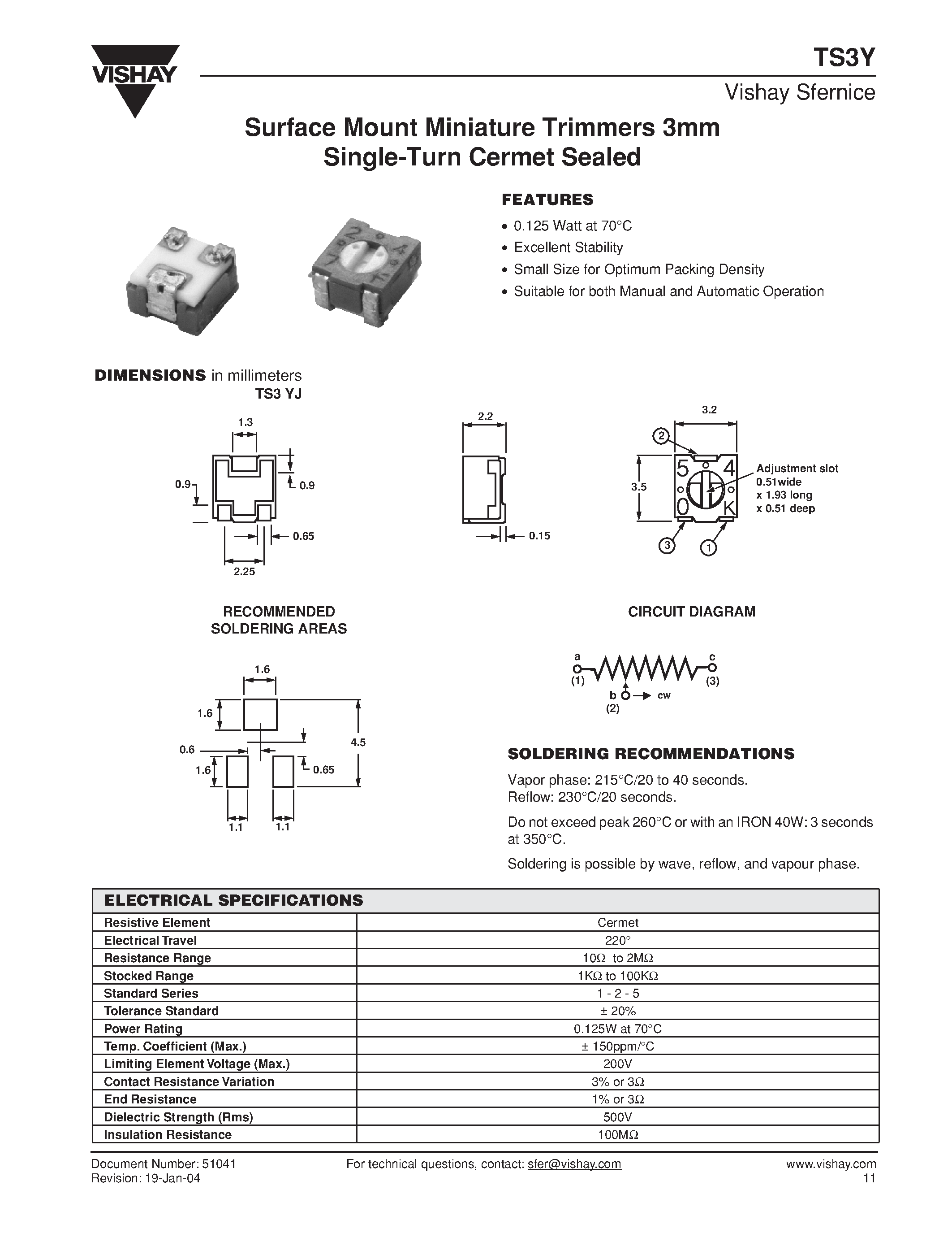 Datasheet TS3Y - Surface Mount Miniature Trimmers 3mm Single-Turn Cermet Sealed page 1
