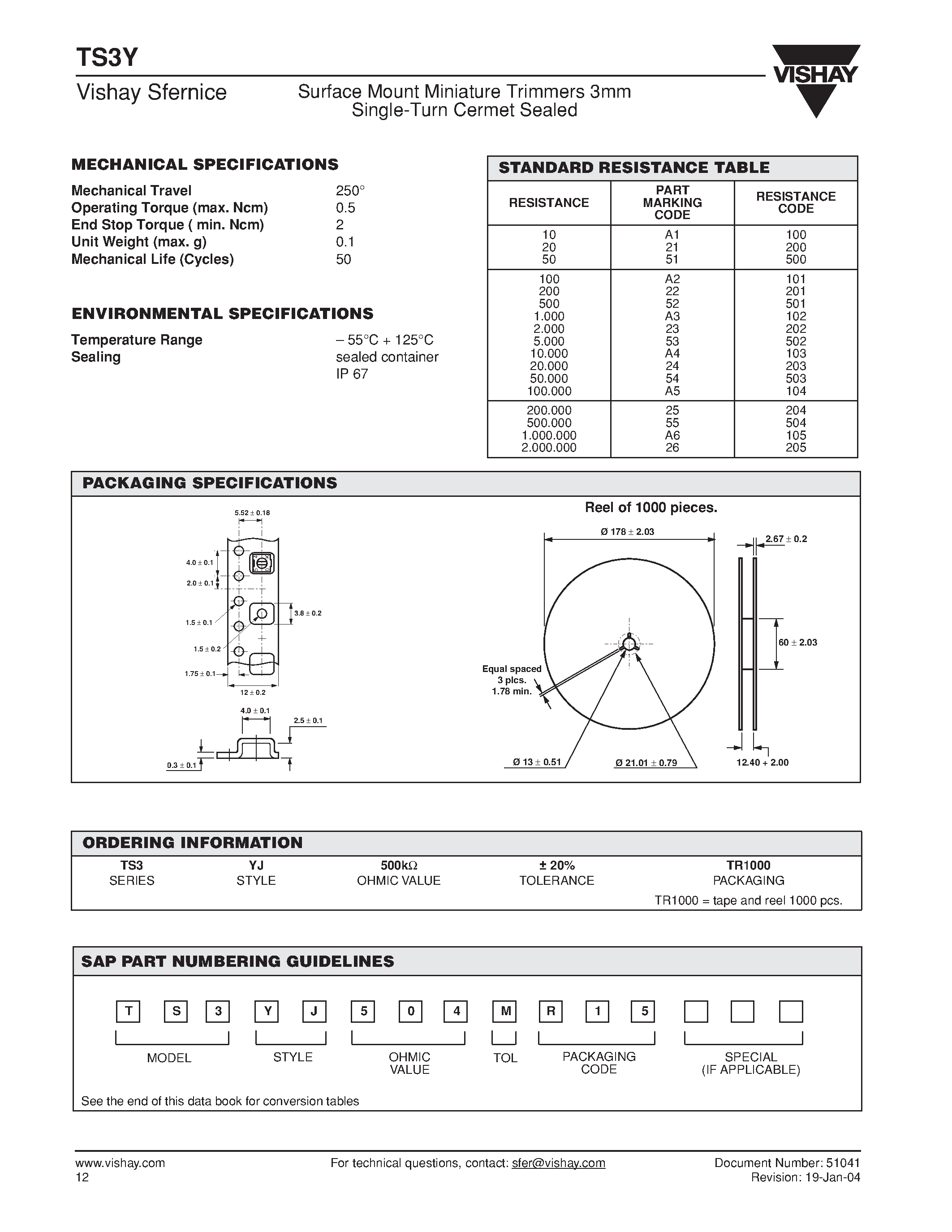 Datasheet TS3Y page 2 Datasheet TS3Y - Surface Mount Miniature Trimmers 3mm Single-Turn Cermet Sealed page 2