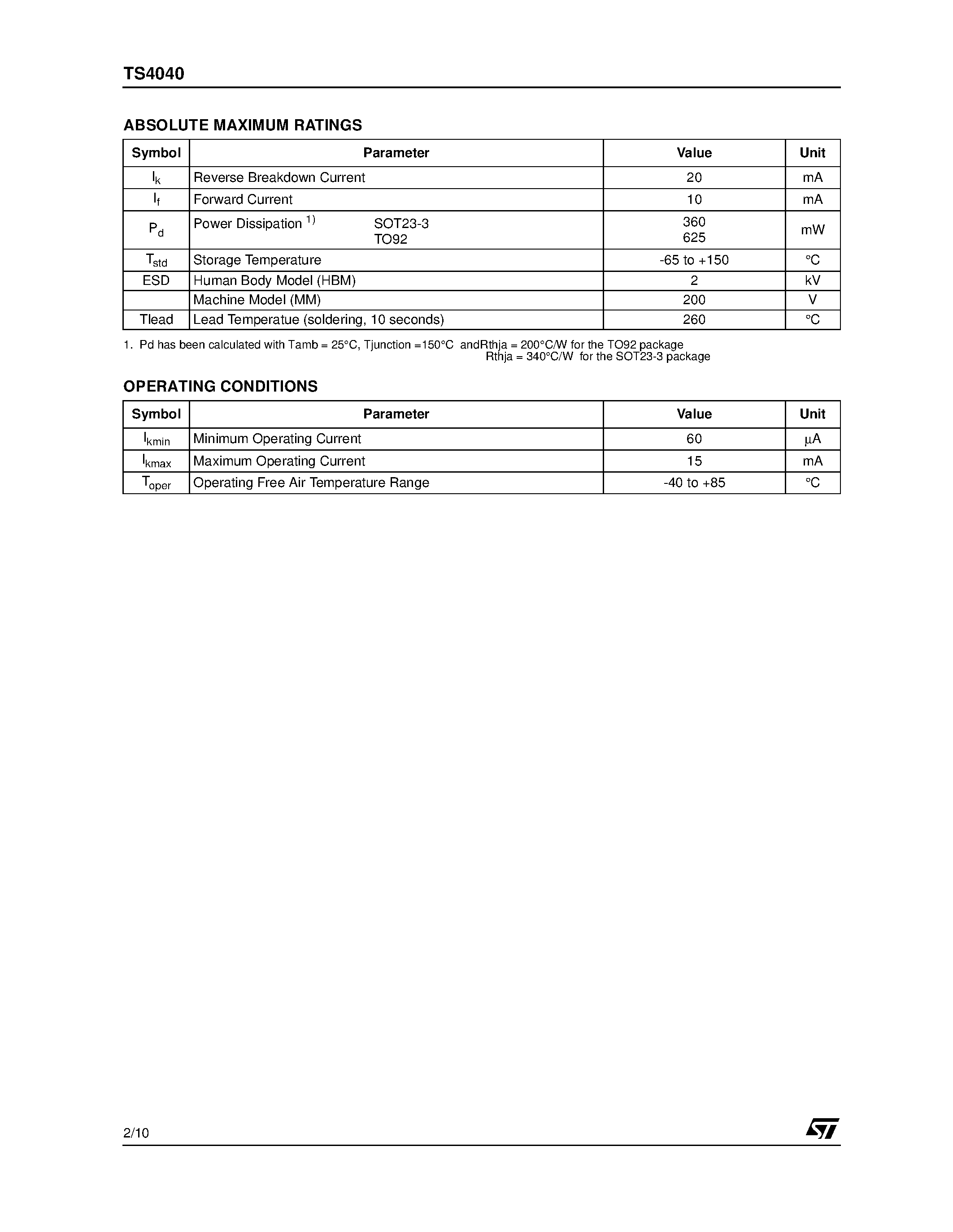 Datasheet TS4040 - 2.5V MICROPOWER SHUNT VOLTAGE REFERENCE page 2