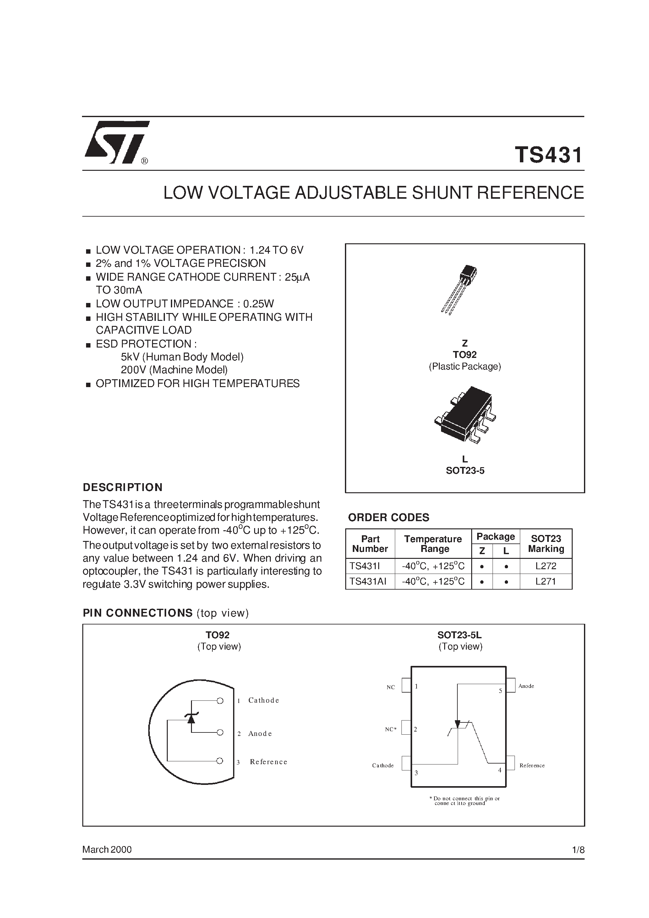 Datasheet TS431I page 1 Datasheet TS431I - LOW VOLTAGE ADJUSTABLE SHUNT REFERENCE page 1