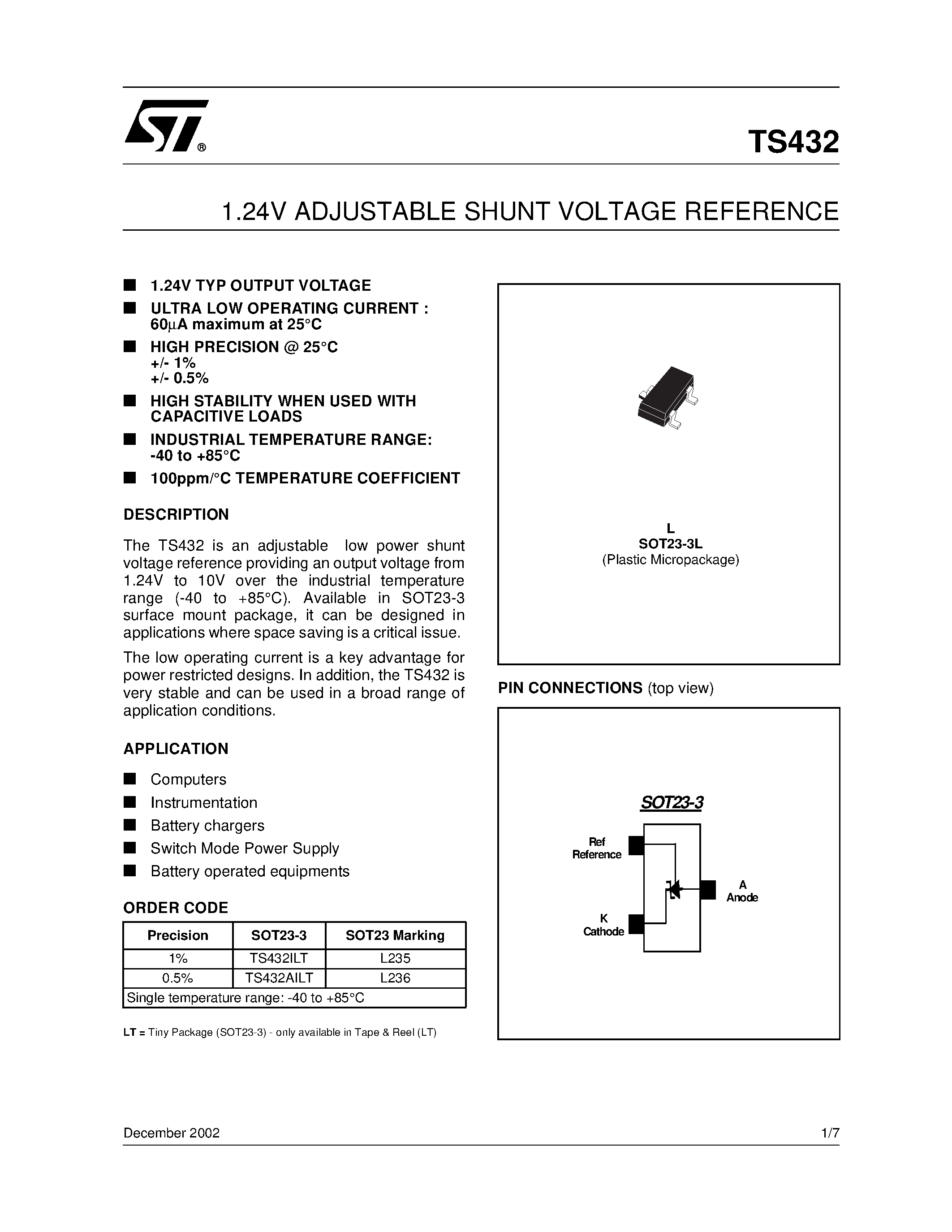 Datasheet TS432ILT page 1 Datasheet TS432ILT - 1.24V ADJUSTABLE SHUNT VOLTAGE REFERENCE page 1