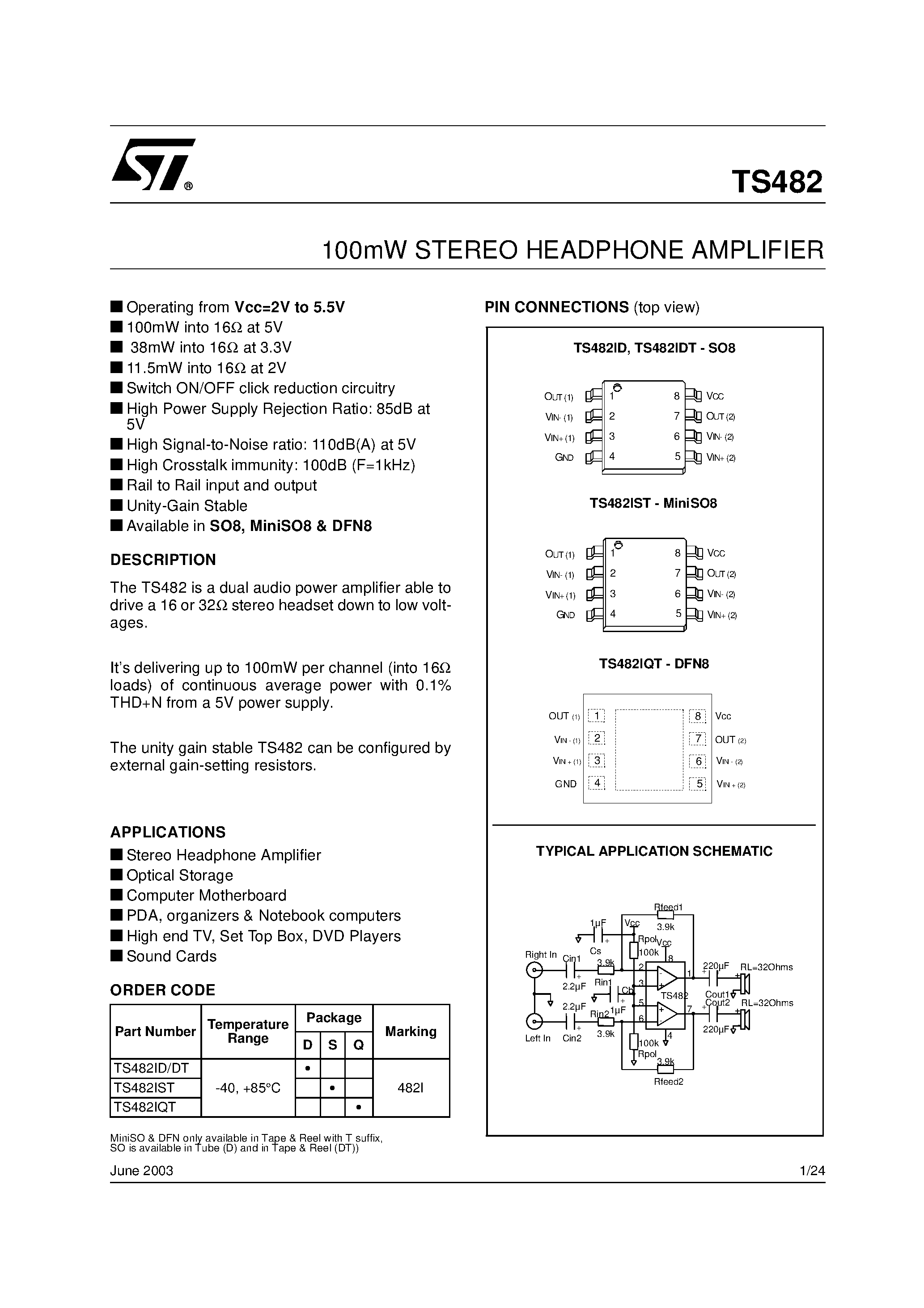 Datasheet TS482 - 100mW STEREO HEADPHONE AMPLIFIER page 1