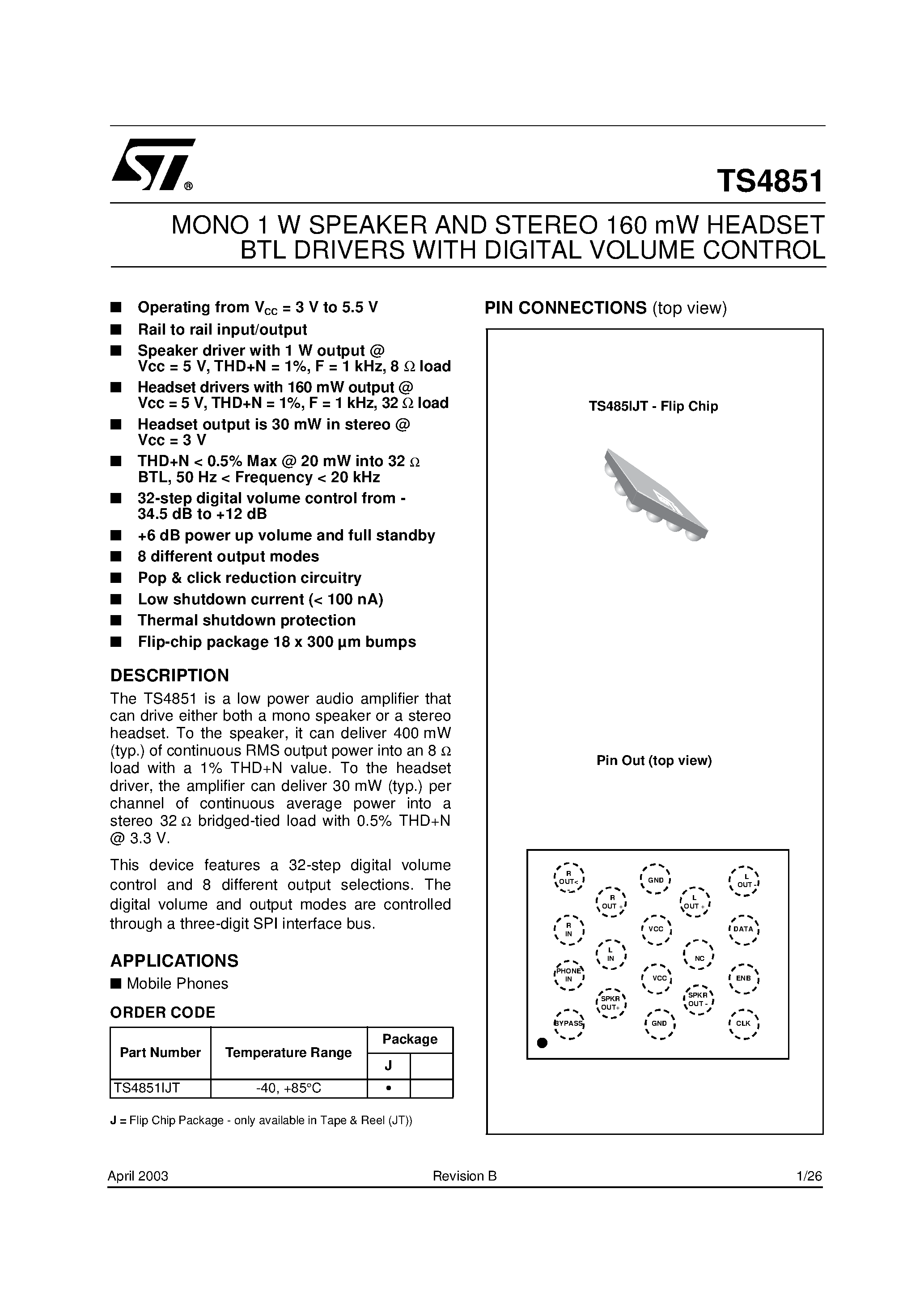 Datasheet TS4851 - MONO 1 W SPEAKER AND STEREO 160 mW HEADSET BTL DRIVERS WITH DIGITAL VOLUME CONTROL page 1
