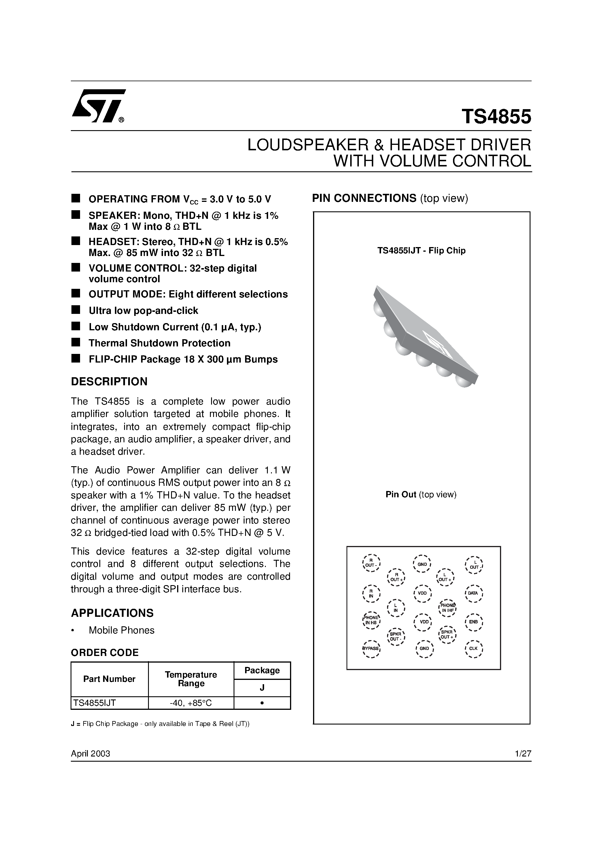 Datasheet TS4855 - LOUDSPEAKER & HEADSET DRIVER WITH VOLUME CONTROL page 1