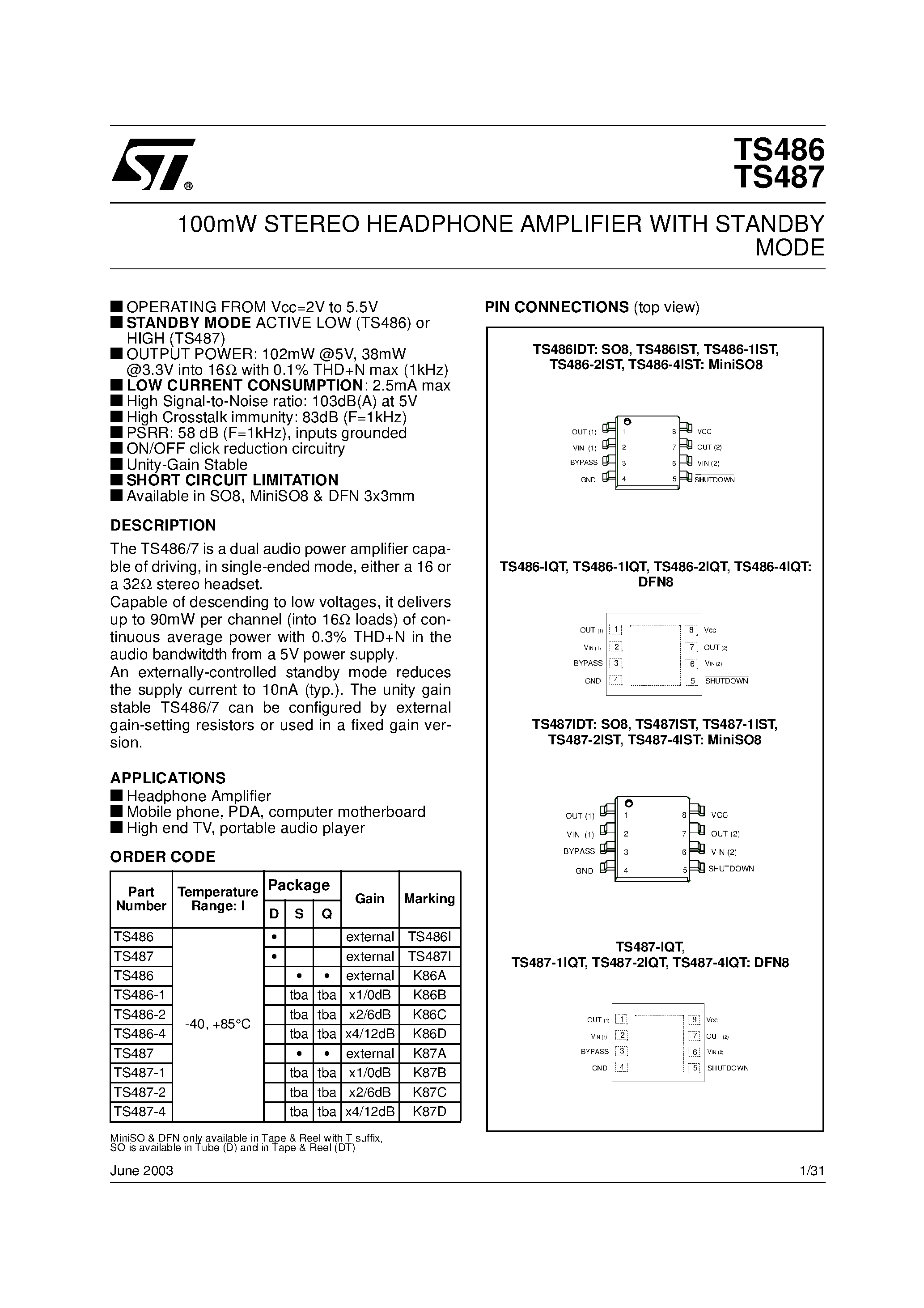Datasheet TS486 - 100mW STEREO HEADPHONE AMPLIFIER WITH STANDBY MODE page 1