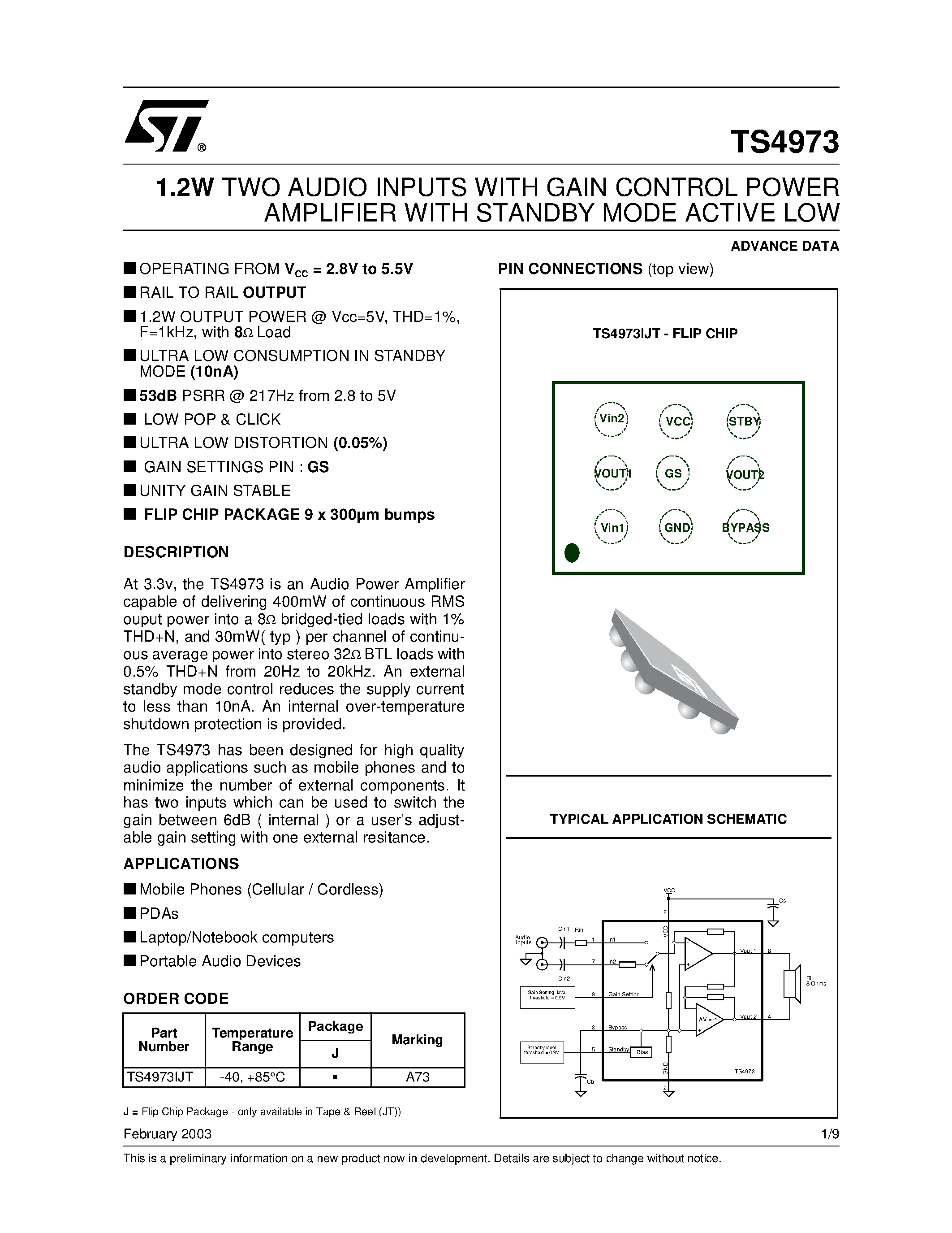 Datasheet TS4973 page 1 Datasheet TS4973 - 1.2W TWO AUDIO INPUTS WITH GAIN CONTROL POWER AMPLIFIER WITH STANDBY MODE ACTIVE LOW page 1