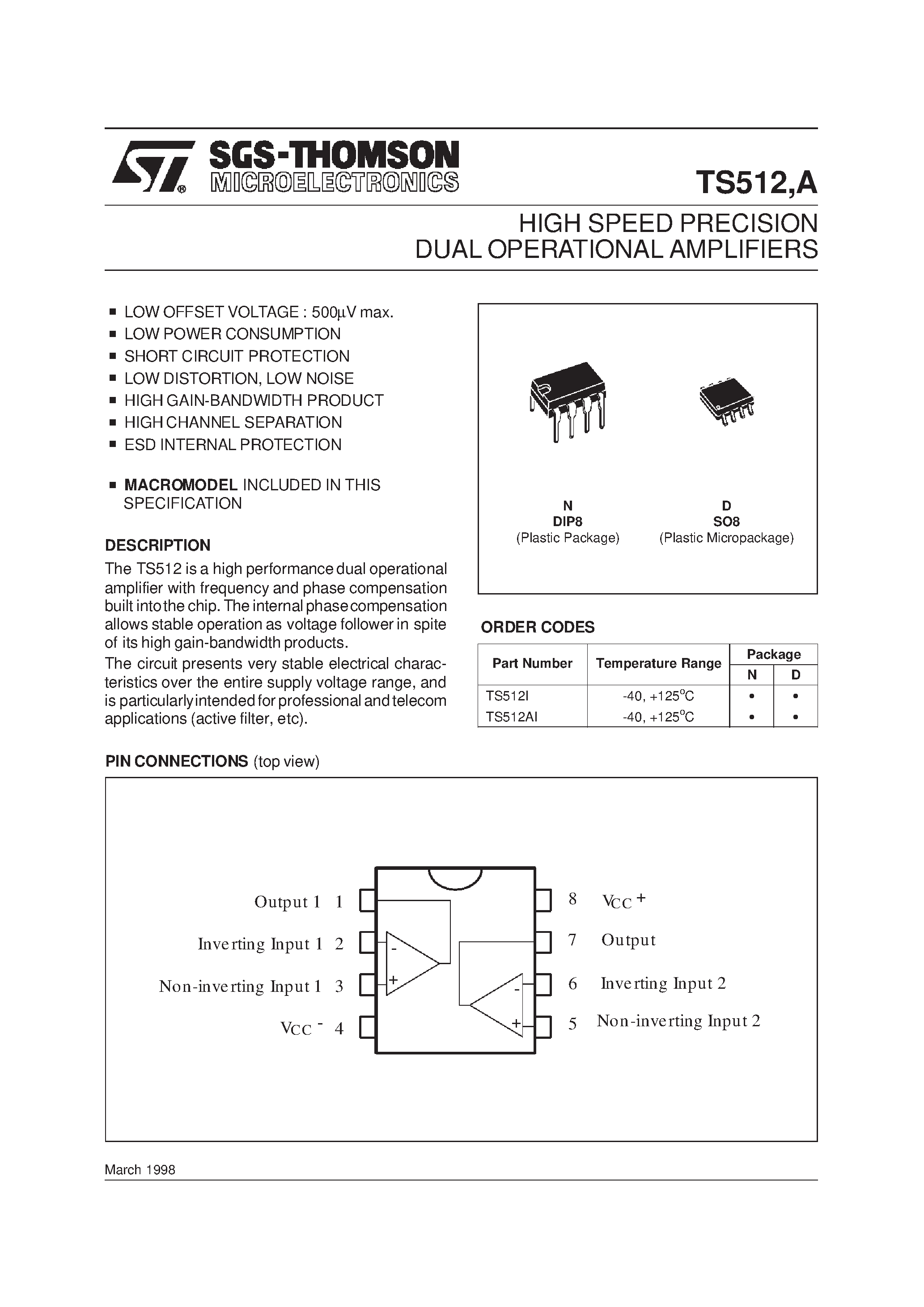 Даташит на микросхему TS512AI страница 1 Даташит TS512AI - HIGH SPEED PRECISION DUAL OPERATIONAL AMPLIFIERS страница 1