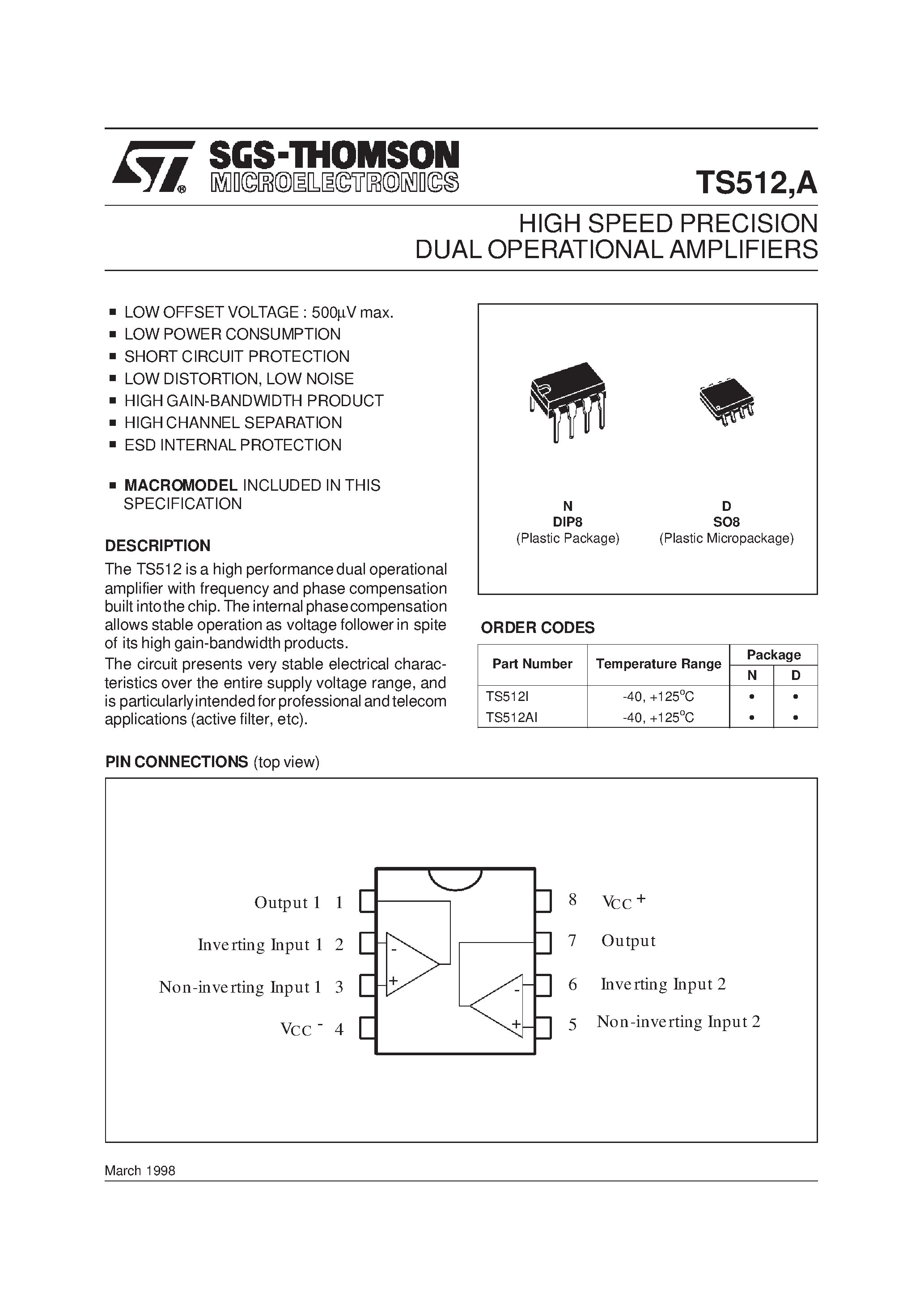 Datasheet TS512AI - HIGH SPEED PRECISION DUAL OPERATIONAL AMPLIFIERS page 1
