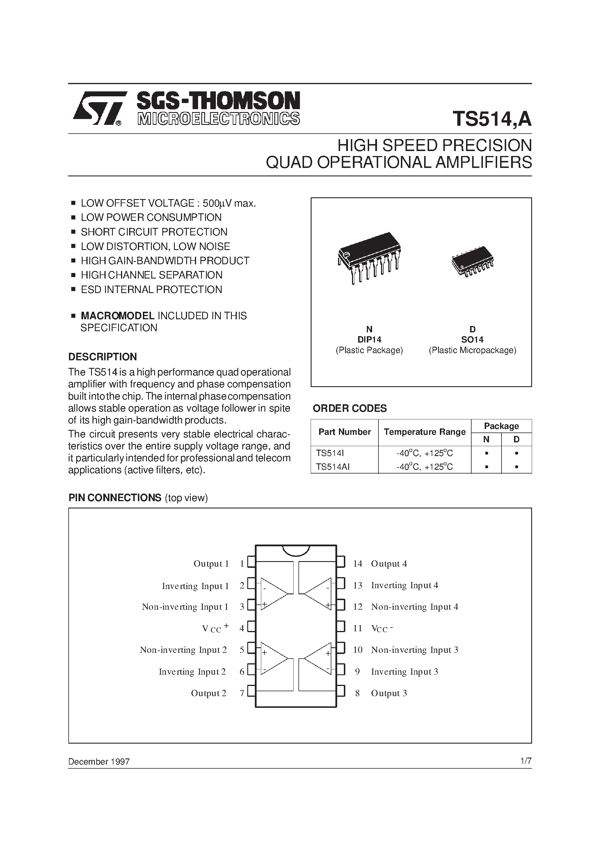 Datasheet TS514 - HIGH SPEED PRECISION QUAD OPERATIONAL AMPLIFIERS page 1