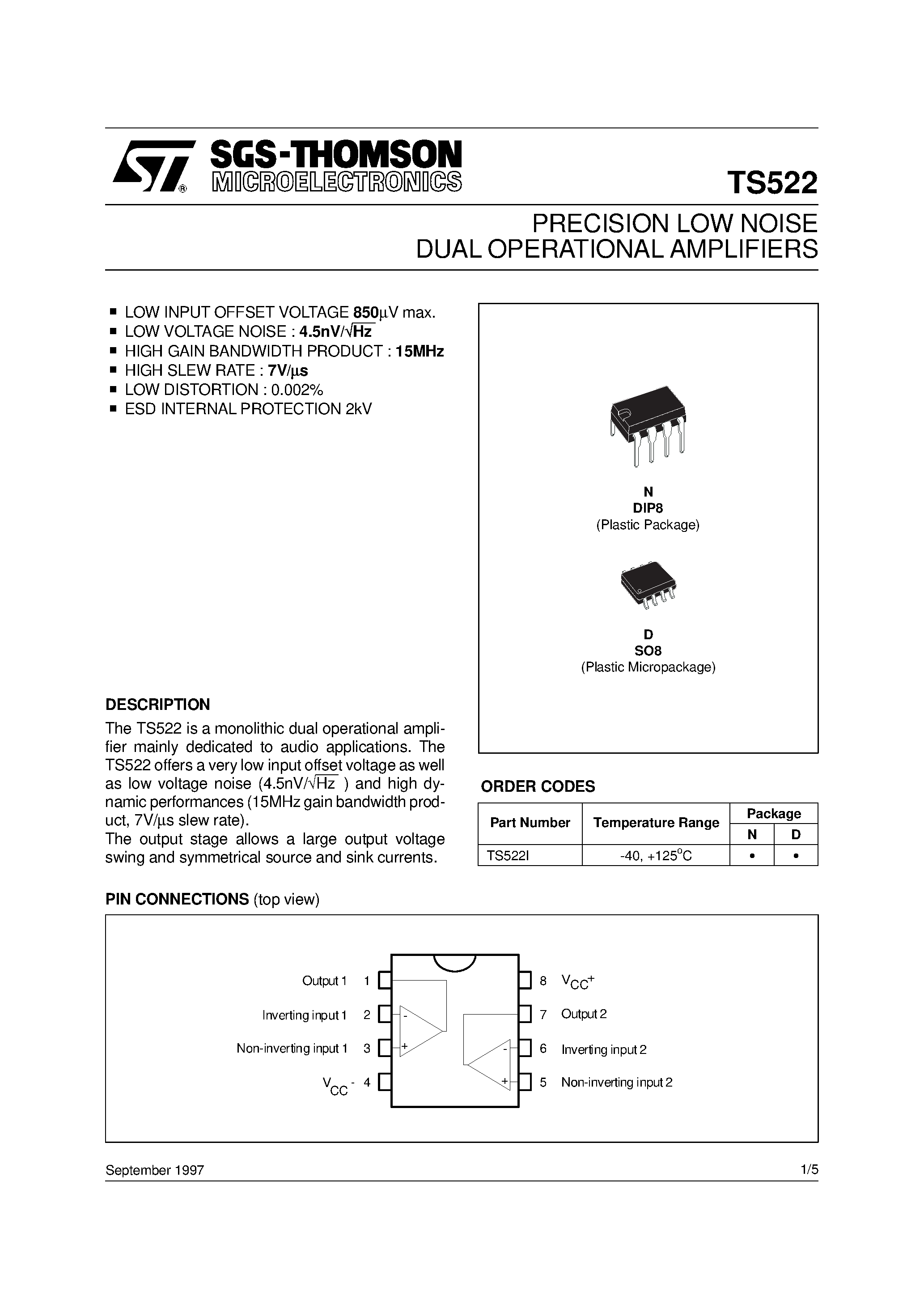 Datasheet TS522 - PRECISION LOW NOISE DUAL OPERATIONAL AMPLIFIERS page 1