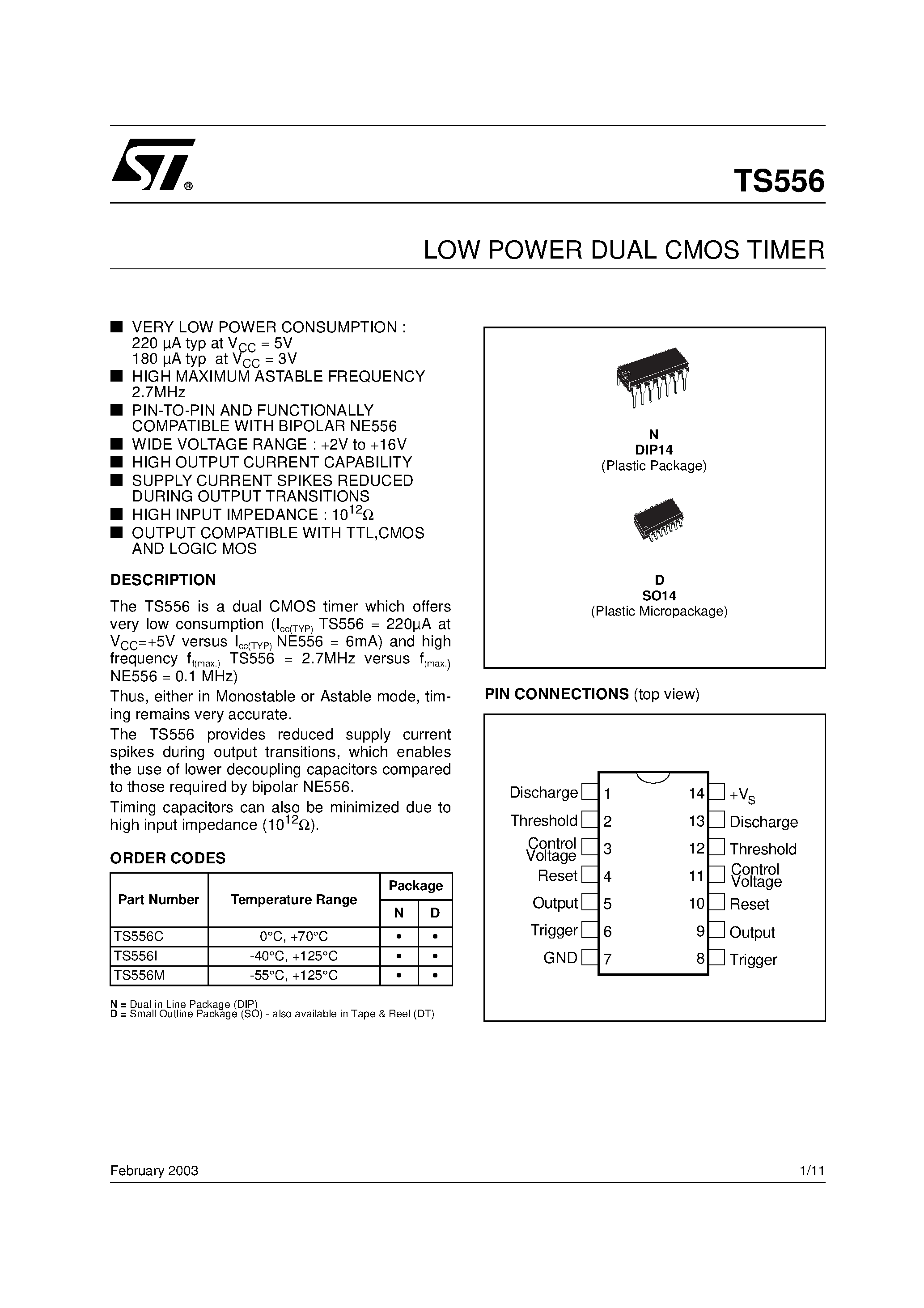 Даташит TS556 - LOW POWER DUAL CMOS TIMER страница 1