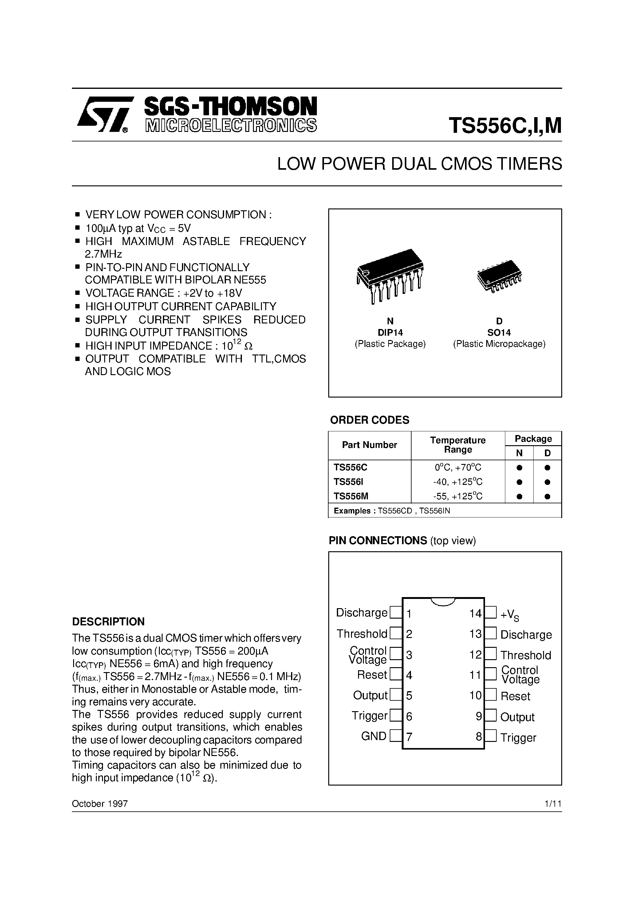 Datasheet TS556CN - LOW POWER DUAL CMOS TIMERS page 1