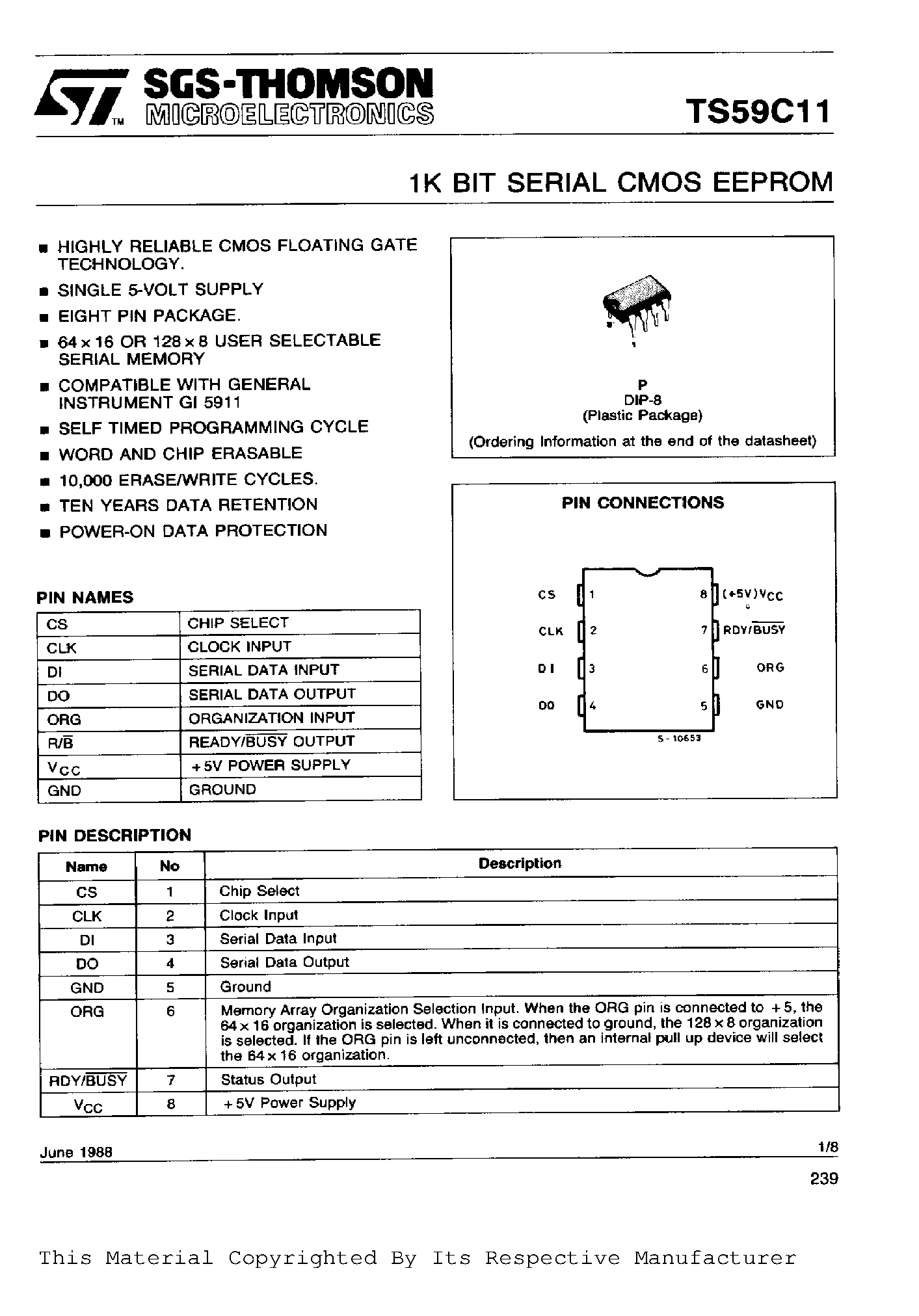 Datasheet TS59C11CP - 1K BIT SERIAL CMOS EEPROM page 1
