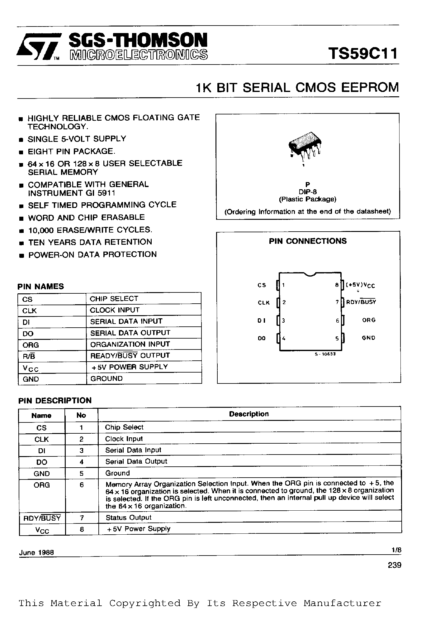 Datasheet TS59C11VP page 1 Datasheet TS59C11VP - 1K BIT SERIAL CMOS EEPROM page 1