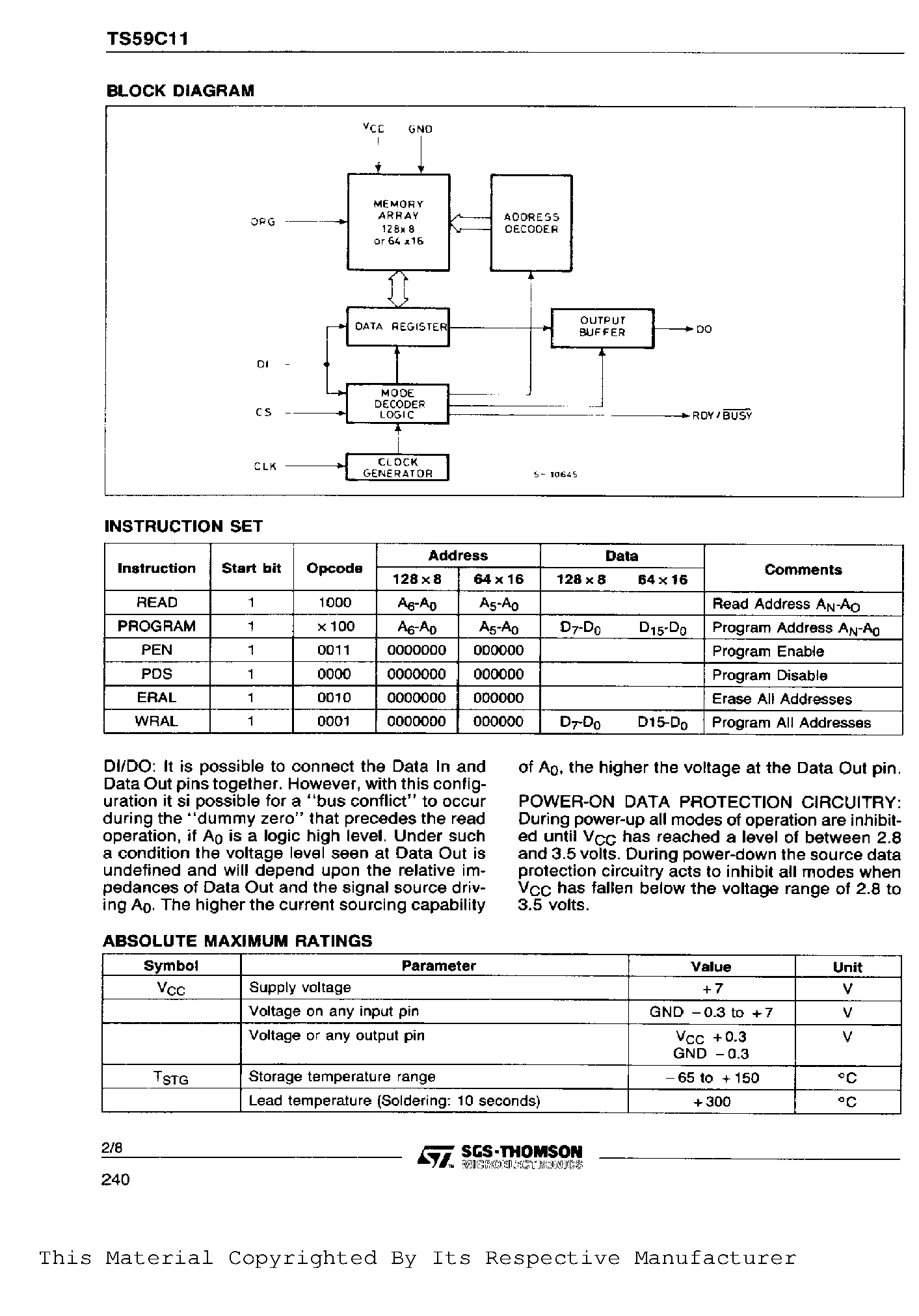 Datasheet TS59C11VP page 2 Datasheet TS59C11VP - 1K BIT SERIAL CMOS EEPROM page 2