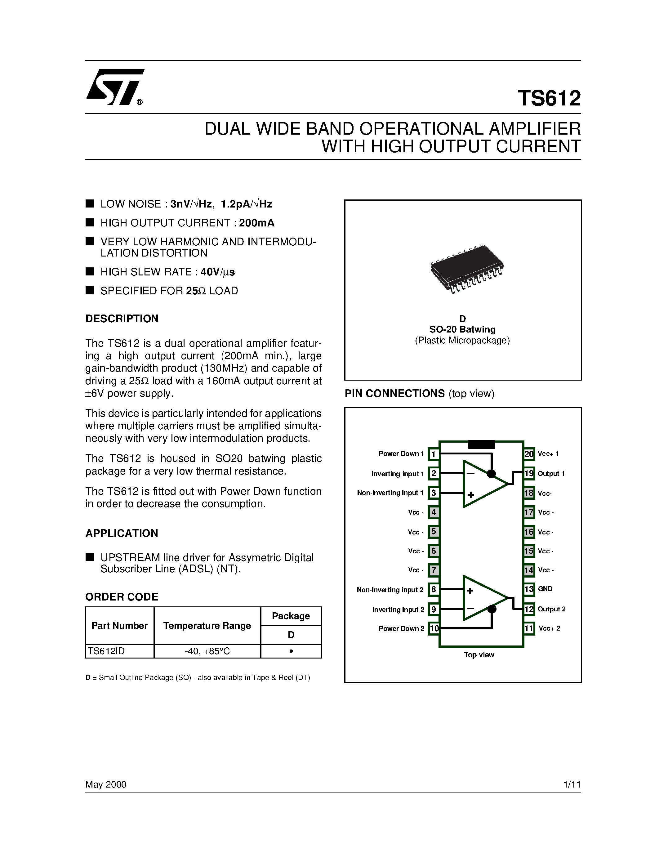 Даташит TS612ID - DUAL WIDE BAND OPERATIONAL AMPLIFIER WITH HIGH OUTPUT CURRENT страница 1