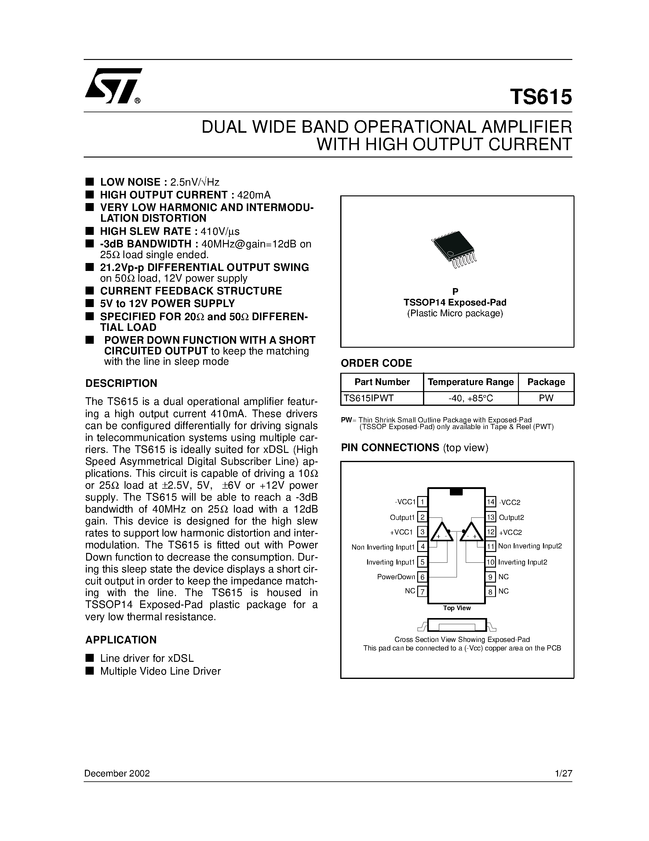Даташит TS615IPWT - DUAL WIDE BAND OPERATIONAL AMPLIFIER WITH HIGH OUTPUT CURRENT страница 1