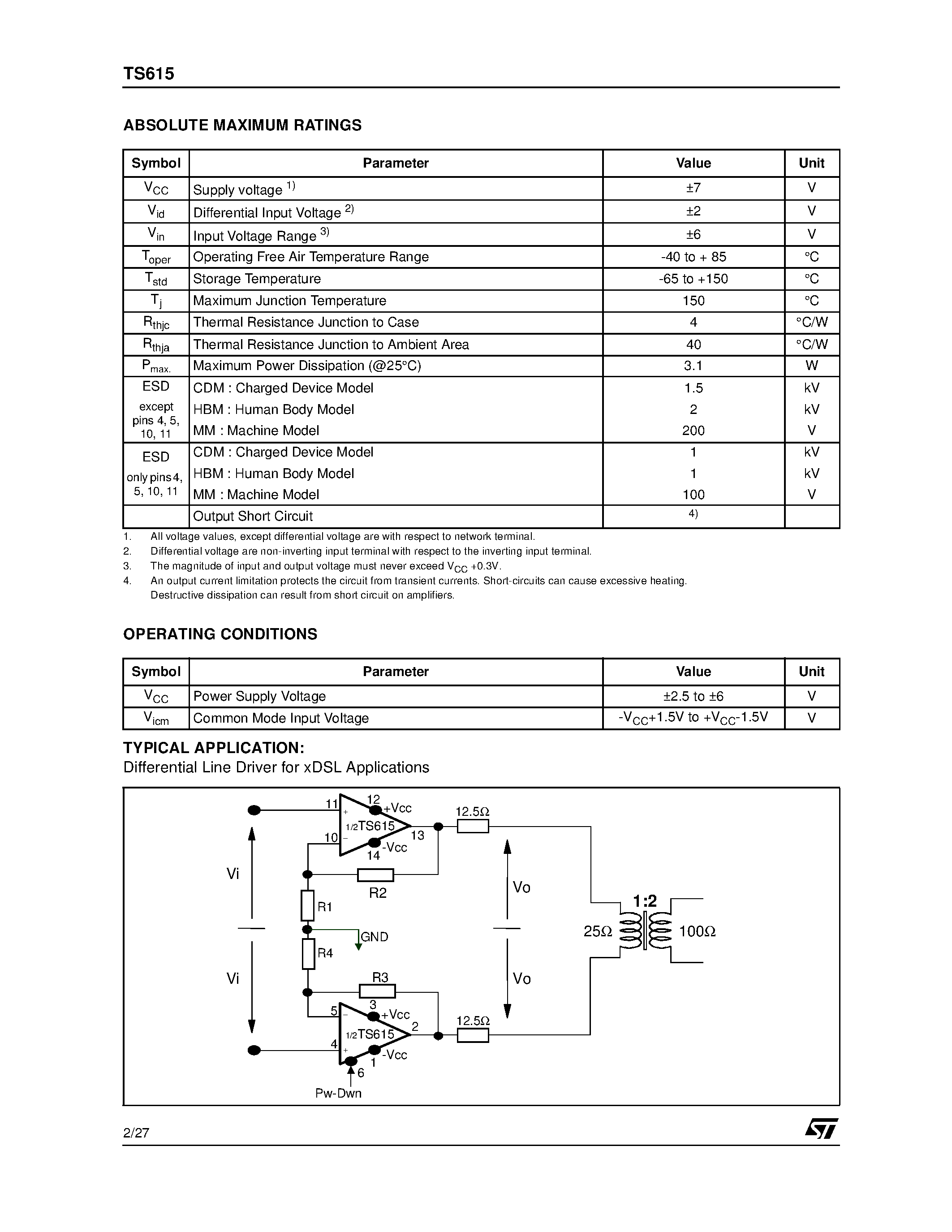 Даташит TS615IPWT - DUAL WIDE BAND OPERATIONAL AMPLIFIER WITH HIGH OUTPUT CURRENT страница 2