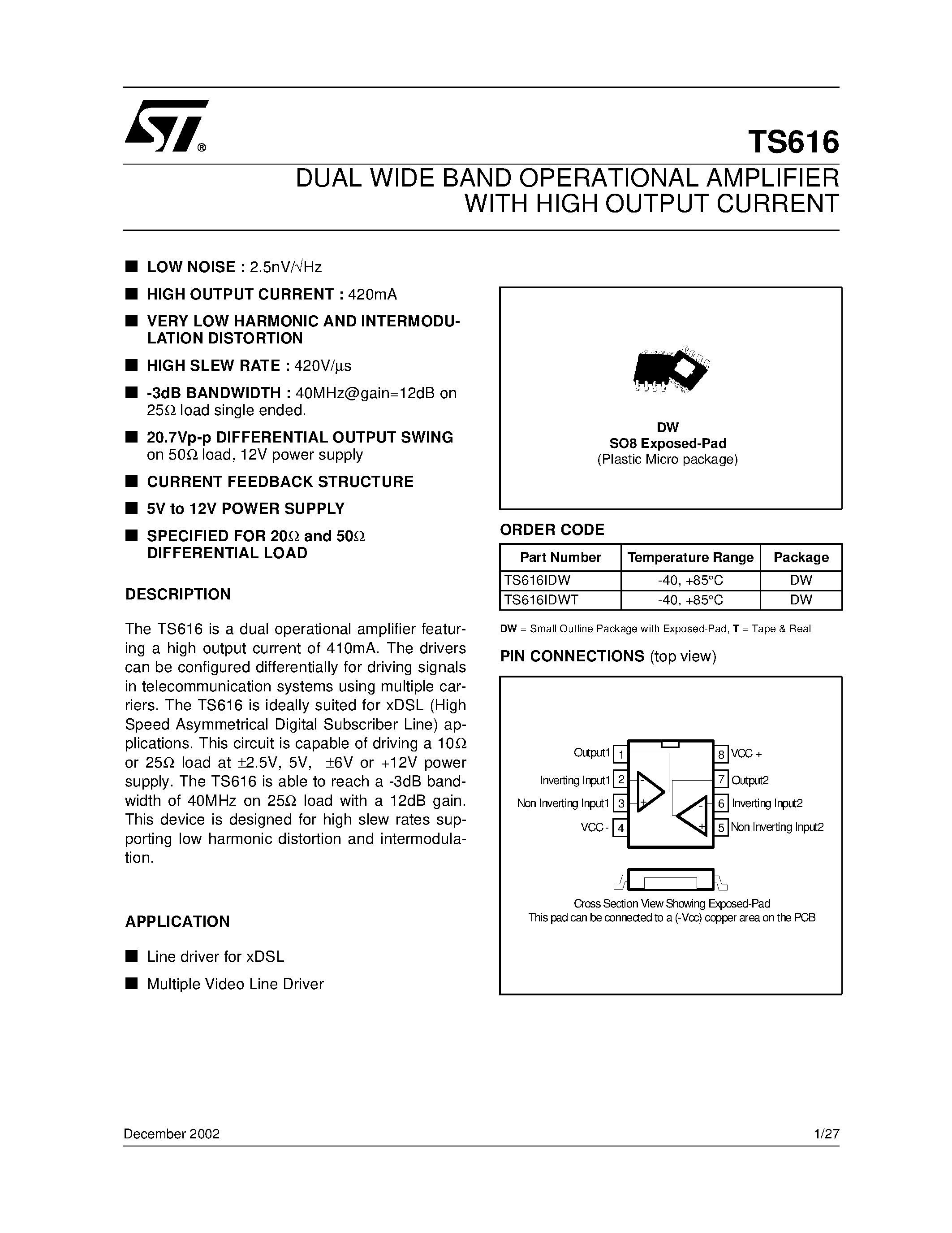 Даташит TS616 - DUAL WIDE BAND OPERATIONAL AMPLIFIER WITH HIGH OUTPUT CURRENT страница 1