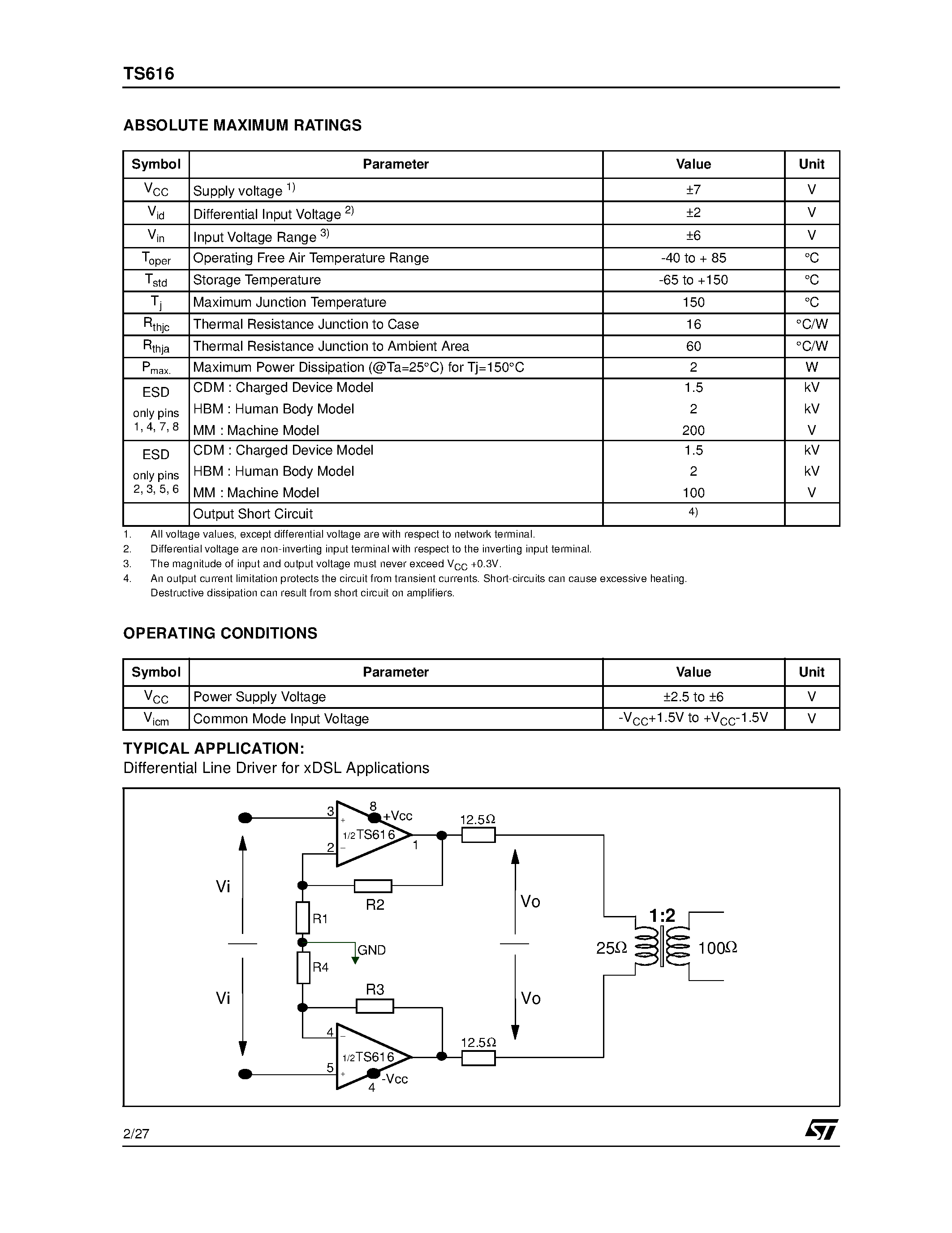 Даташит TS616 - DUAL WIDE BAND OPERATIONAL AMPLIFIER WITH HIGH OUTPUT CURRENT страница 2