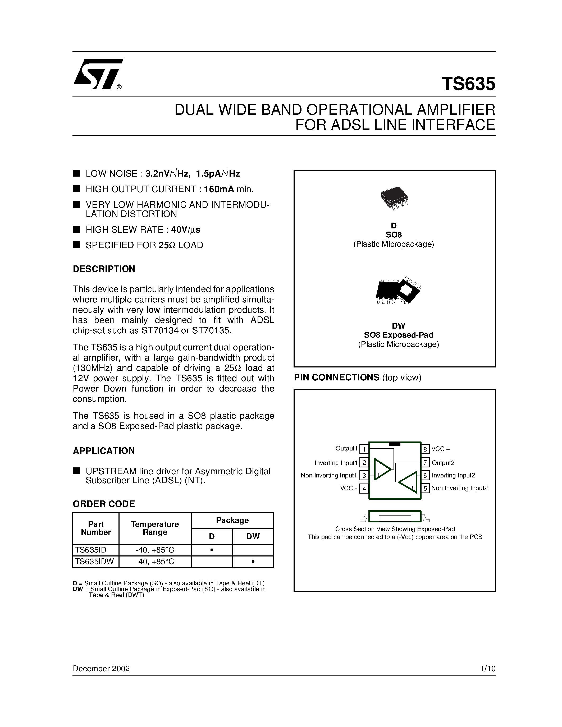 Даташит TS635 - DUAL WIDE BAND OPERATIONAL AMPLIFIER FOR ADSL LINE INTERFACE страница 1