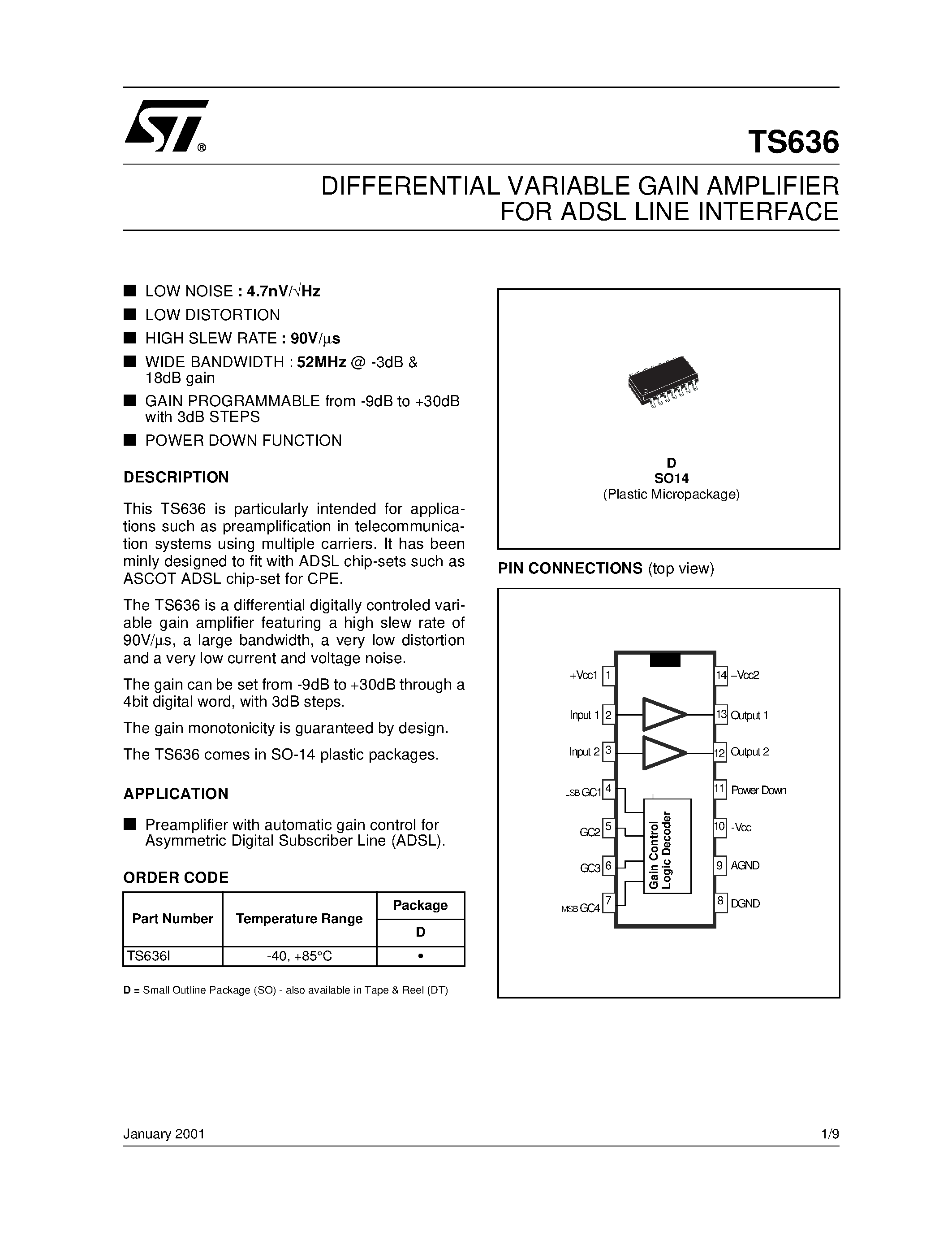 Даташит TS636ID - DIFFERENTIAL VARIABLE GAIN AMPLIFIER FOR ADSL LINE INTERFACE страница 1