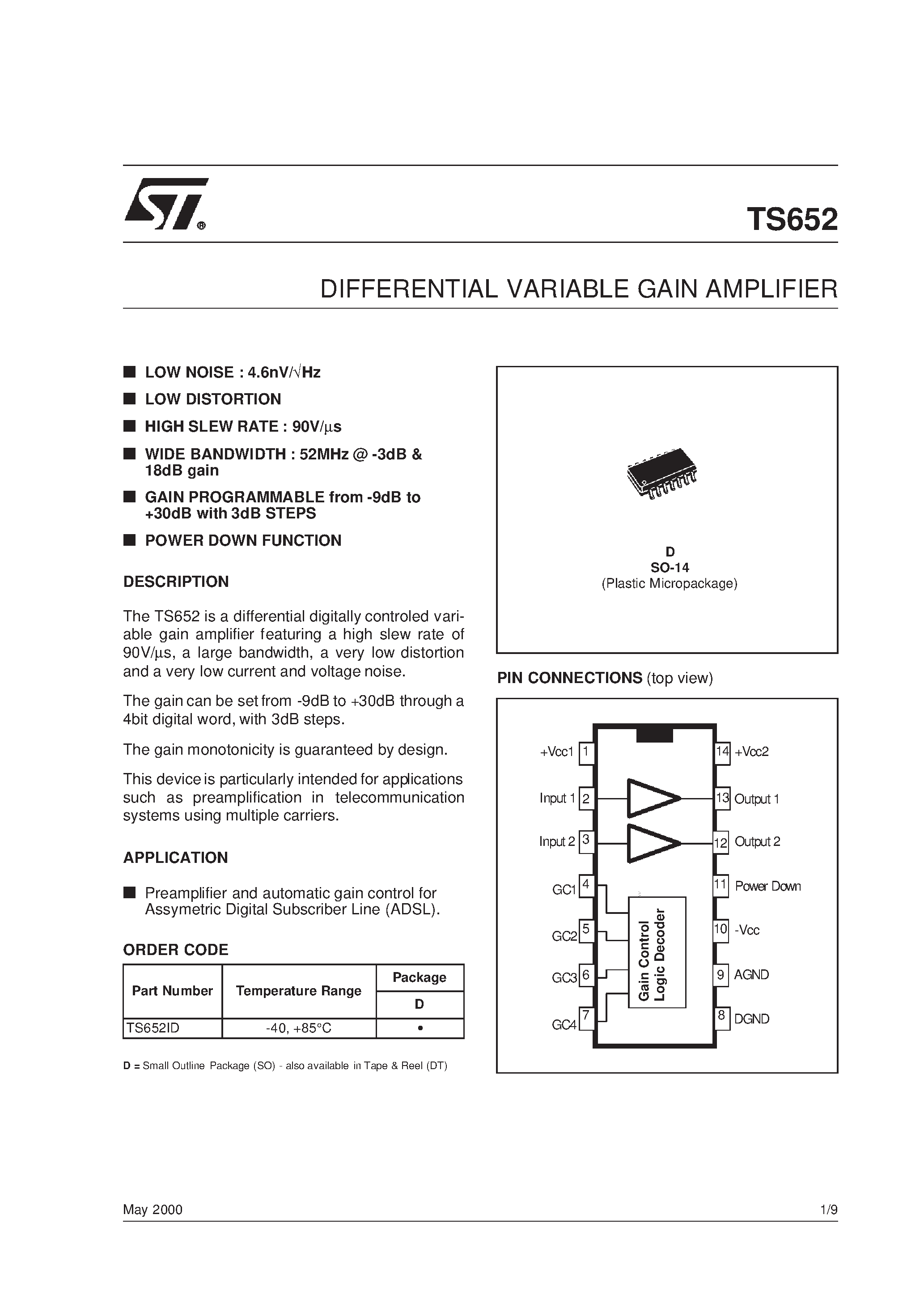 Даташит TS652ID - DIFFERENTIAL VARIABLE GAIN AMPLIFIER страница 1
