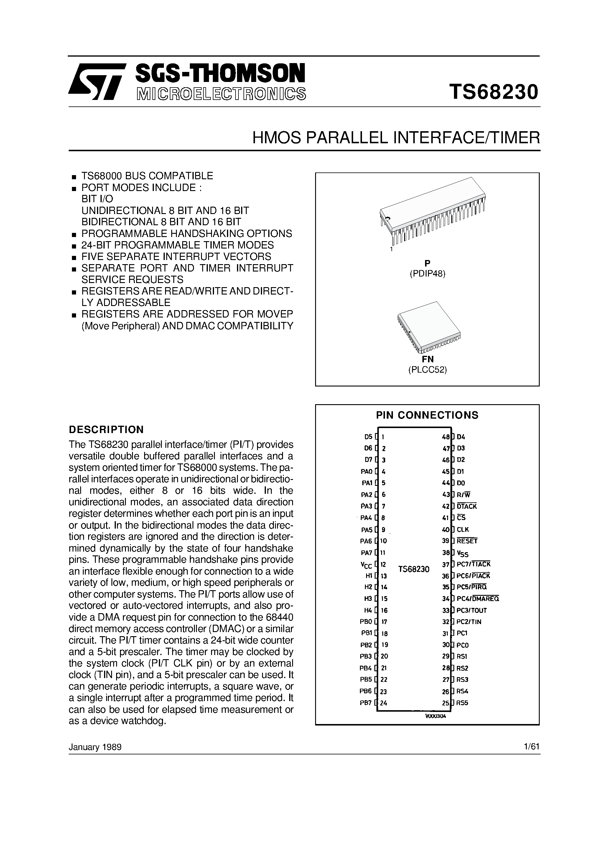 Даташит TS68230 - HMOS PARALLEL INTERFACE/TIMER страница 1