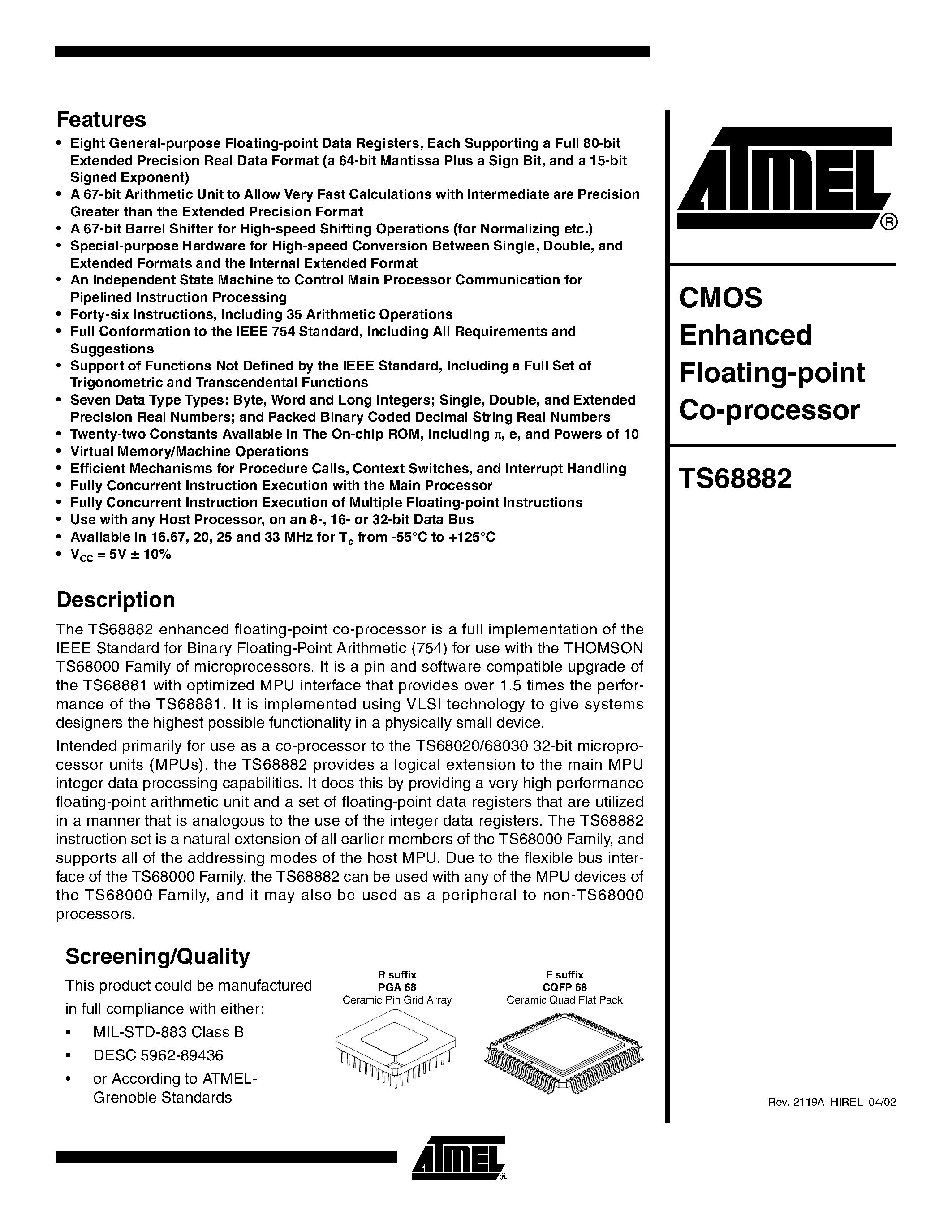 Datasheet TS68882MRB/C20 - CMOS Enhanced Floating-point Co-processor page 1