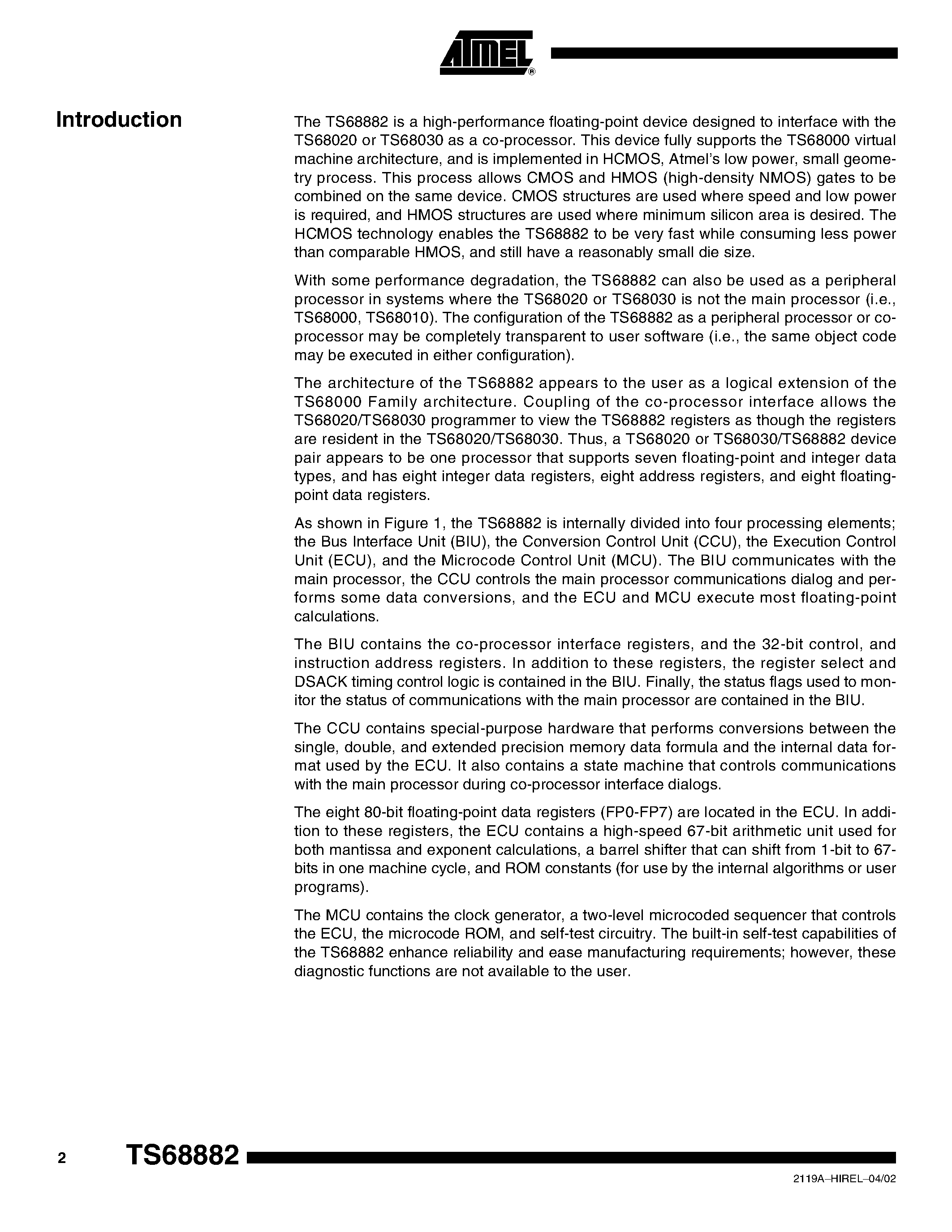 Datasheet TS68882VF33 page 2 Datasheet TS68882VF33 - CMOS Enhanced Floating-point Co-processor page 2