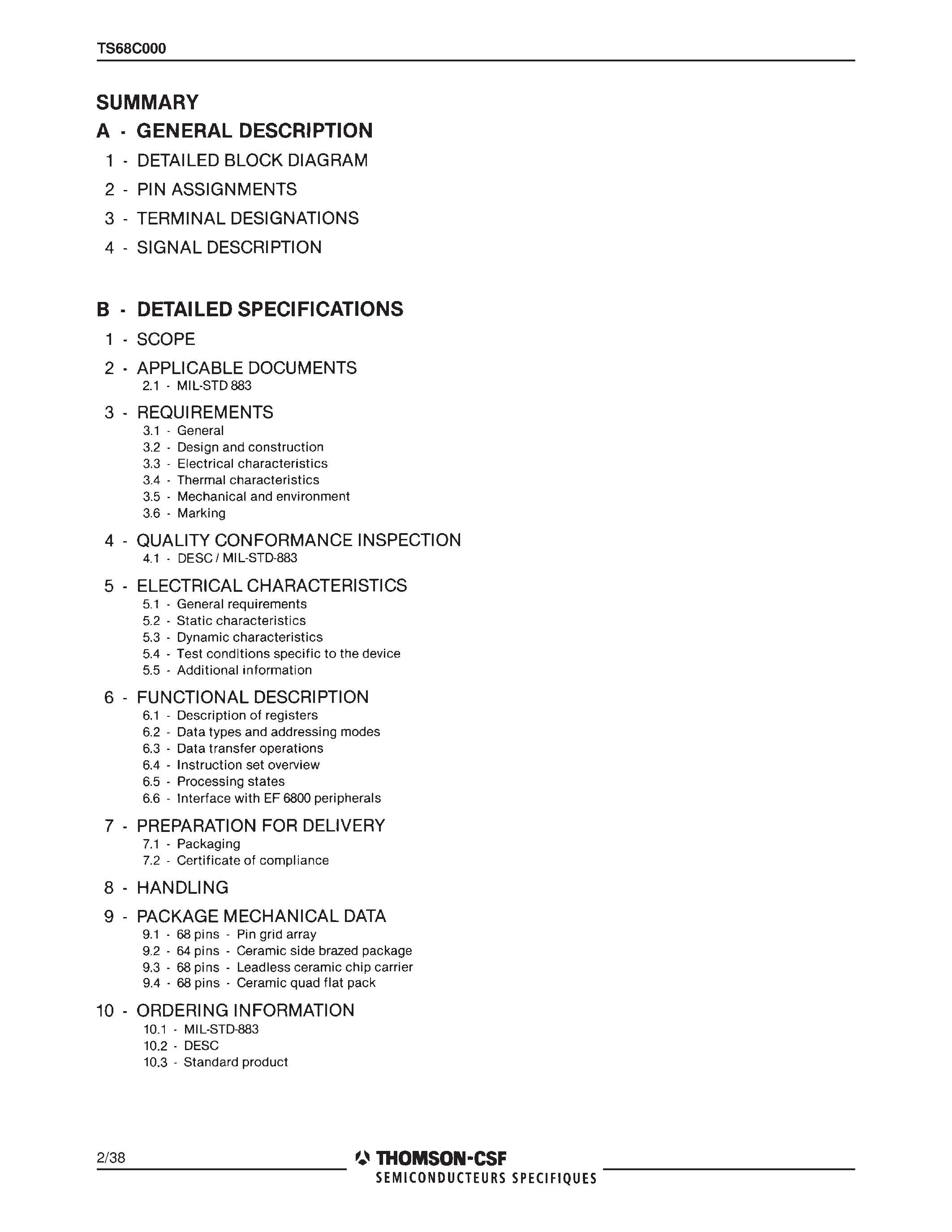 Datasheet TS68C000DESC01UCA page 2 Datasheet TS68C000DESC01UCA - LOW POWER HCMOS 16/32 BIT MICROPROCESSOR page 2