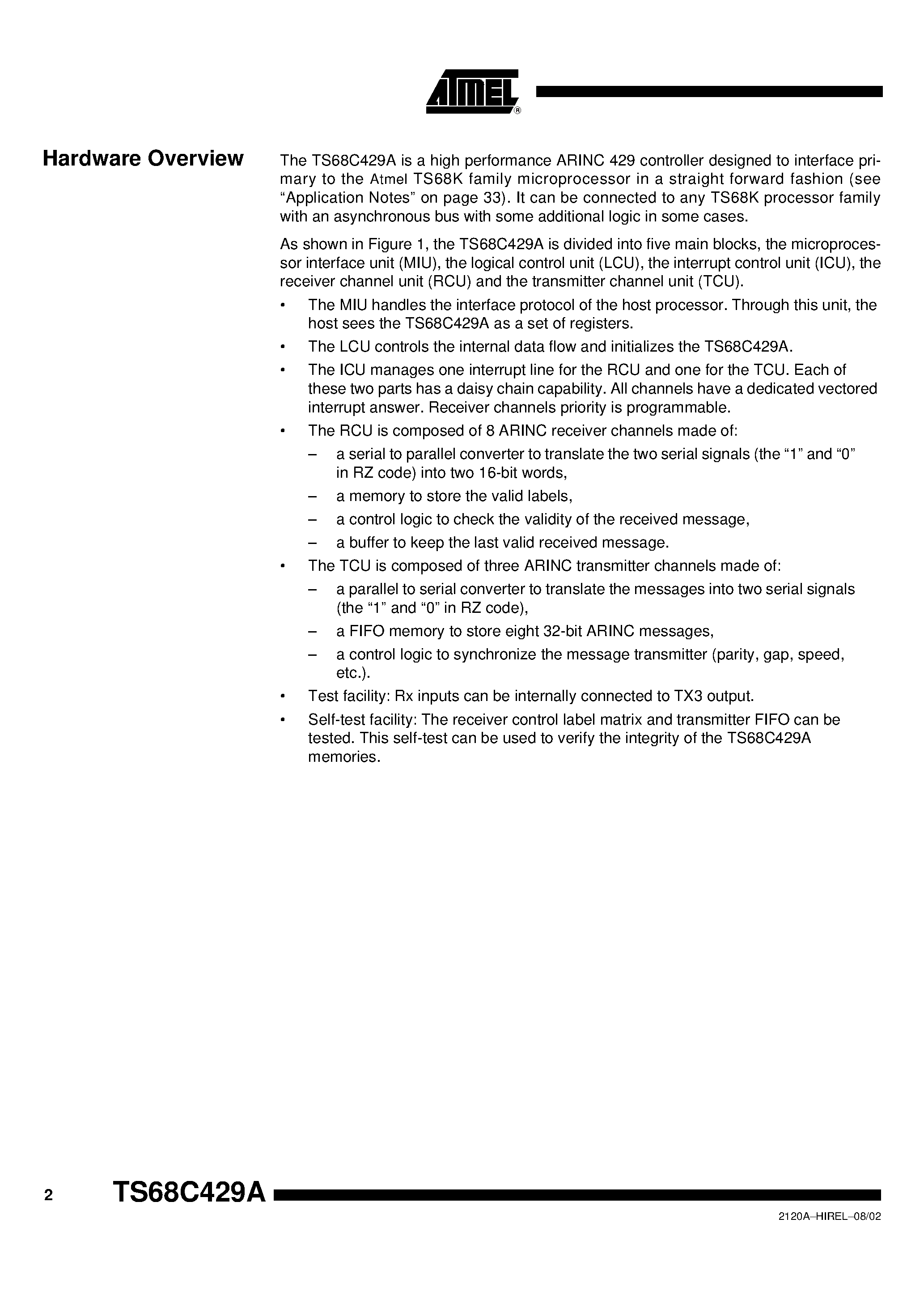 Datasheet TS68C429AVF page 2 Datasheet TS68C429AVF - CMOS ARINC 429 Multichannel Receiver/ Transmitter MRT page 2