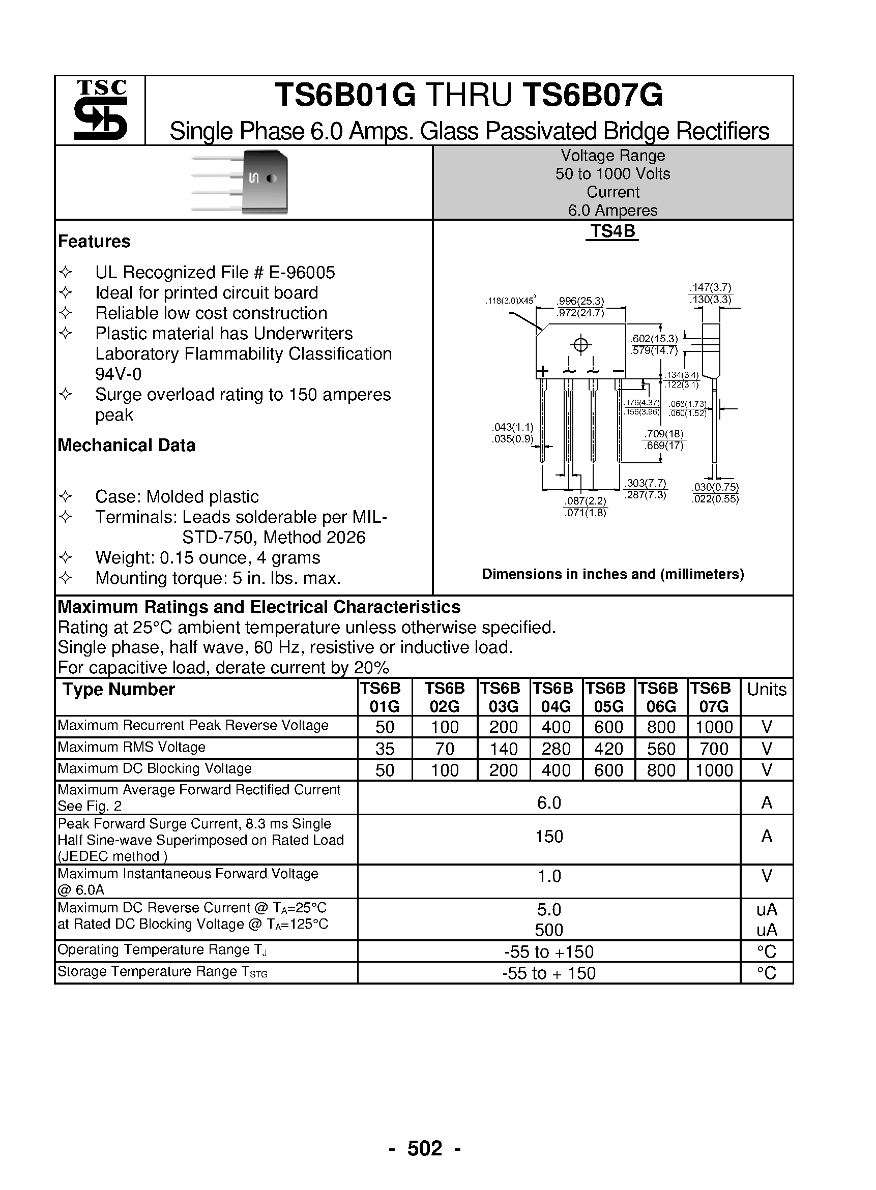 Даташит на микросхему TS6B01G страница 1 Даташит TS6B01G - Single Phase 6.0 Amps. Glass Passivated Bridge Rectifiers страница 1