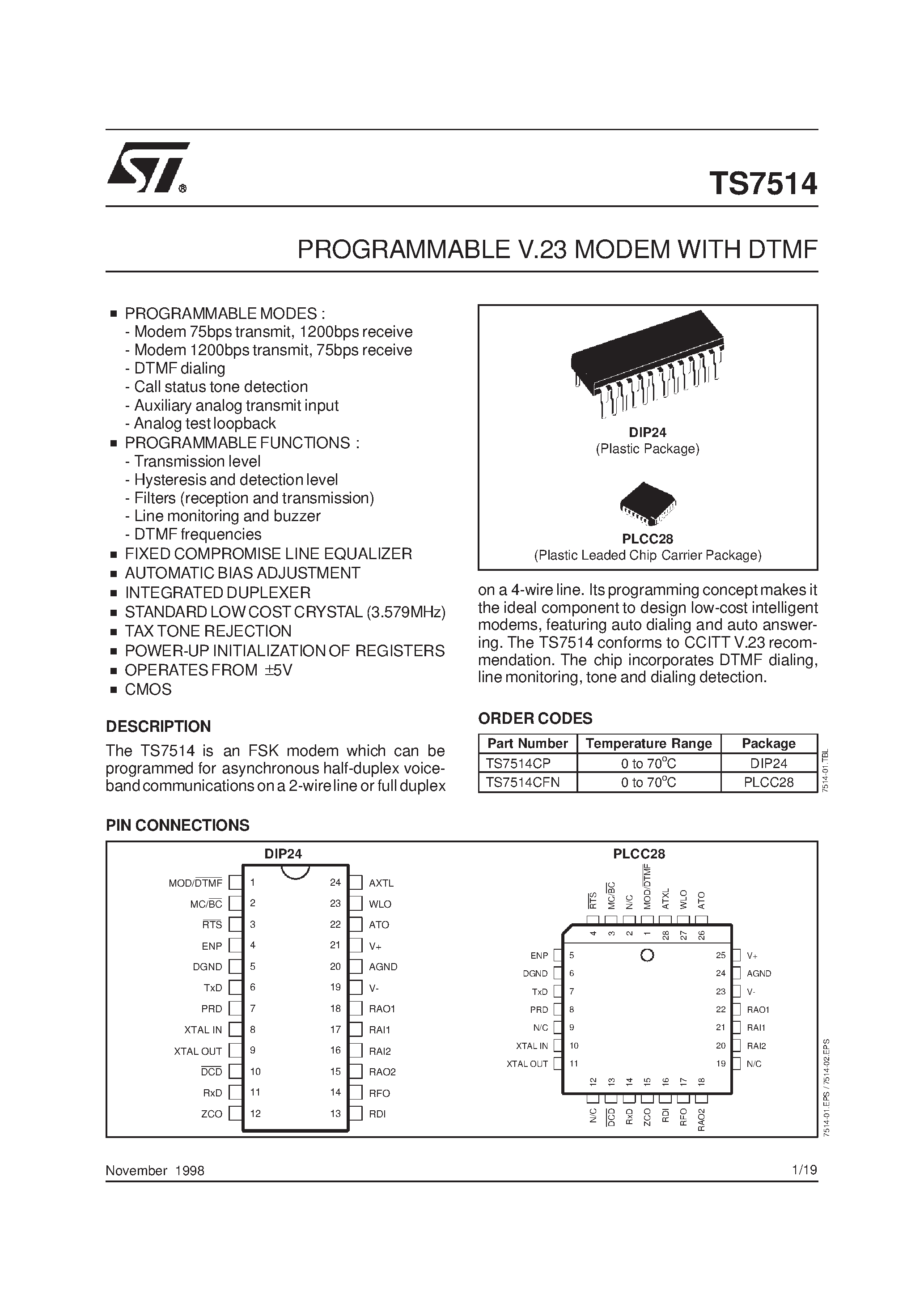 Даташит TS7514 - PROGRAMMABLE V.23 MODEM WITH DTMF страница 1