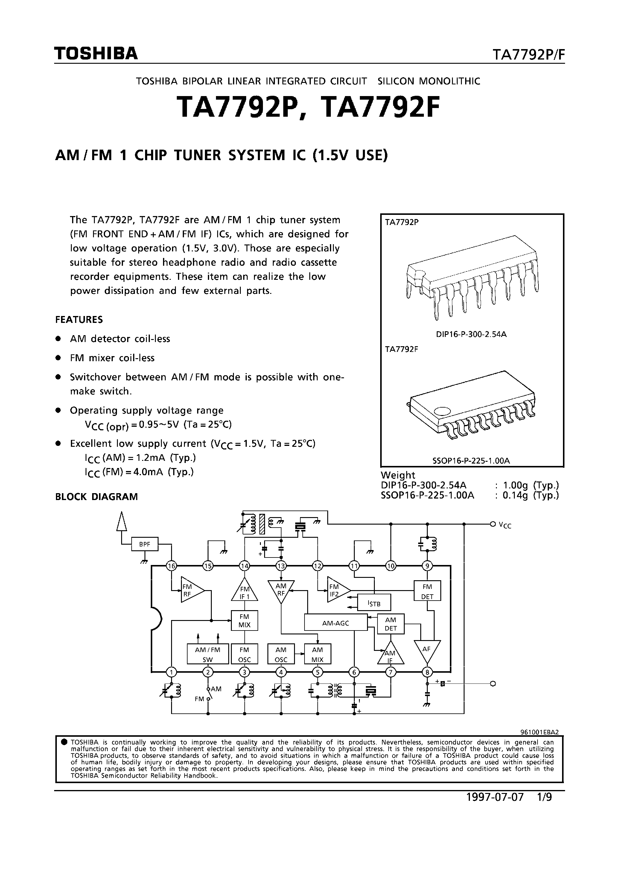 Даташит на микросхему TS7792 страница 1 Даташит TS7792 - AM/FM 1 CHIP TUNER SYSTEM IC (1.5V USE) страница 1