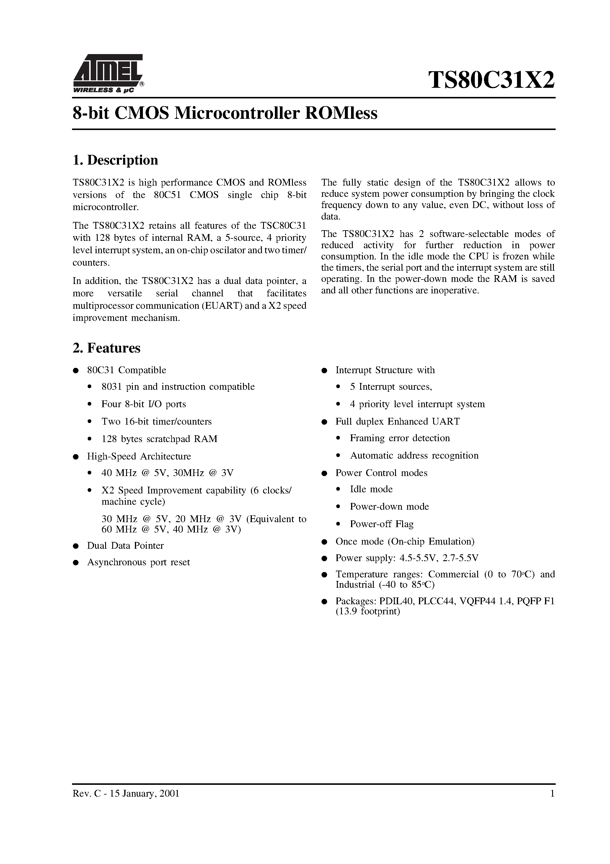 Даташит на микросхему TS80C31X2-LCCB страница 1 Даташит TS80C31X2-LCCB - 8-bit CMOS Microcontroller ROMless страница 1