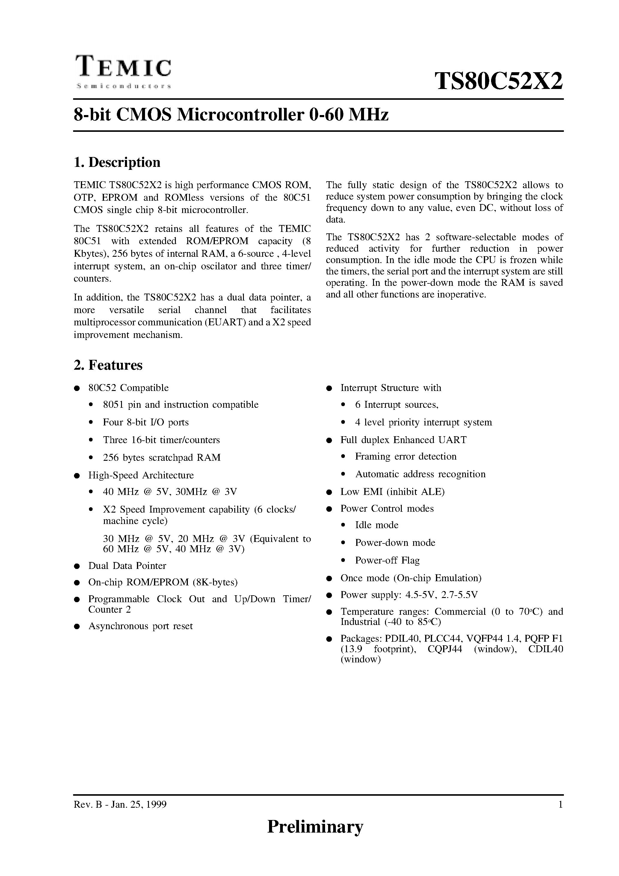 Datasheet TS80C32X2-MIKD - 8-bit CMOS Microcontroller 0-60 MHz page 1