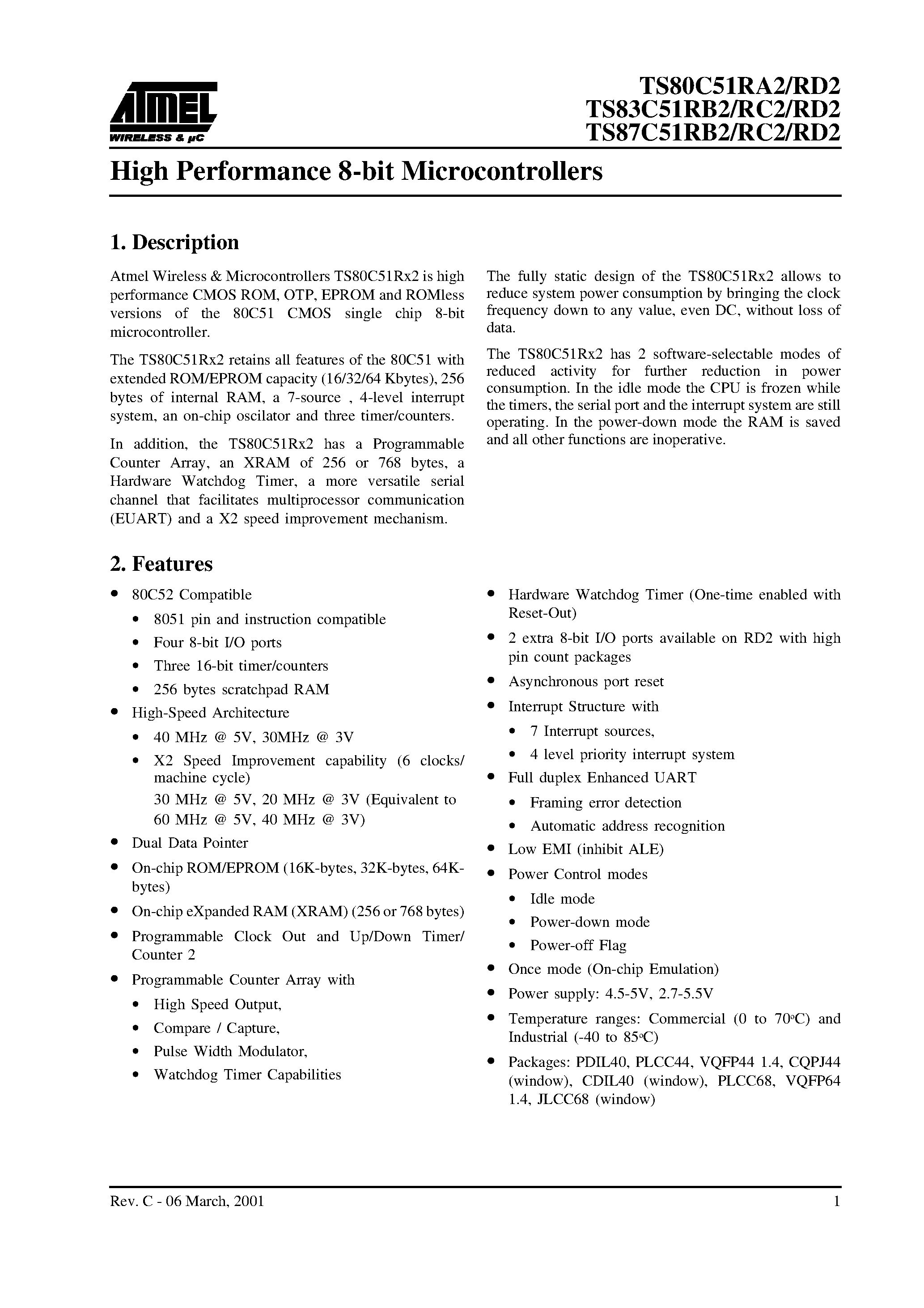 Datasheet TS80C51RA2-LIED page 1 Datasheet TS80C51RA2-LIED - High Performance 8-bit Microcontrollers page 1