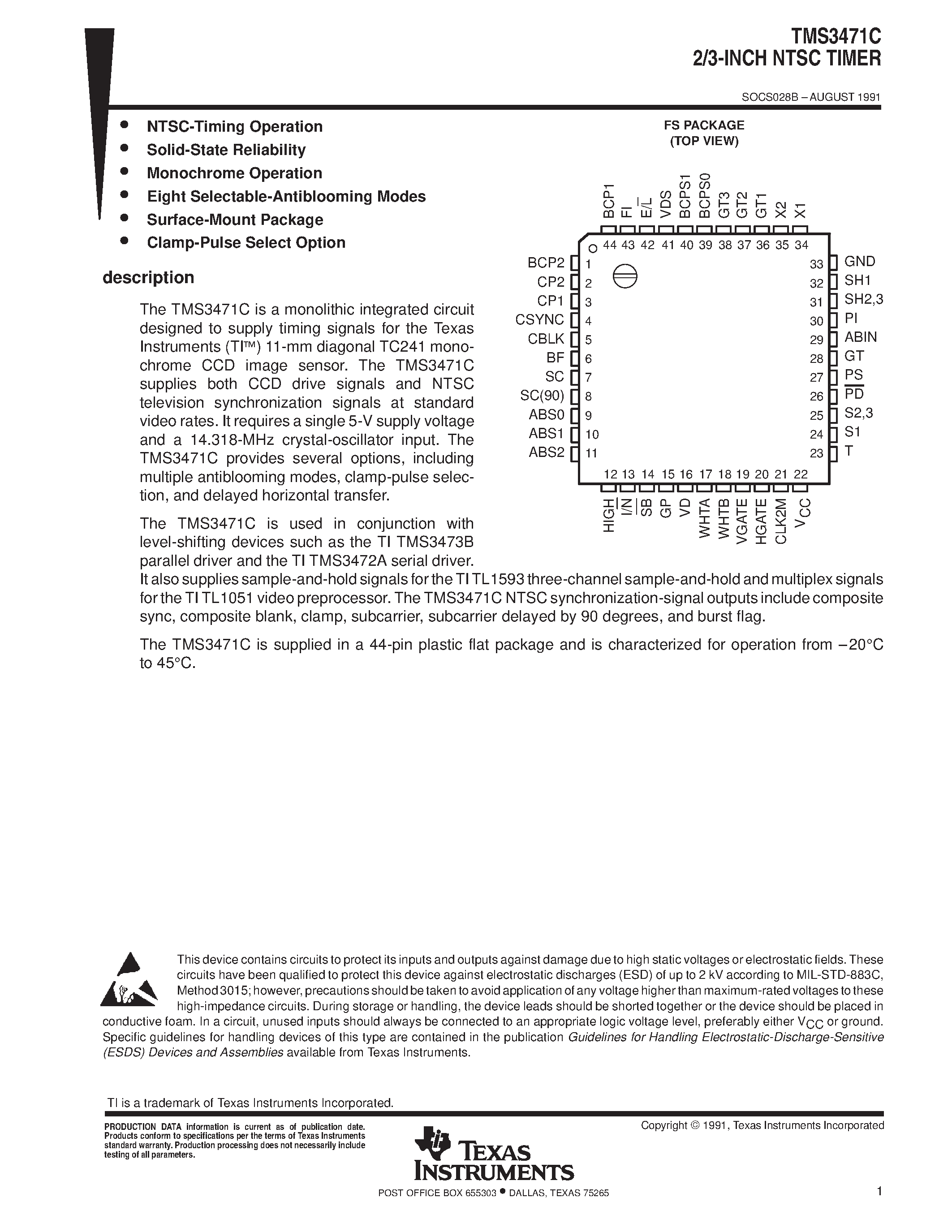 Datasheet TMS3471 page 1 Datasheet TMS3471 - 2/3-INCH NTSC TIMER page 1