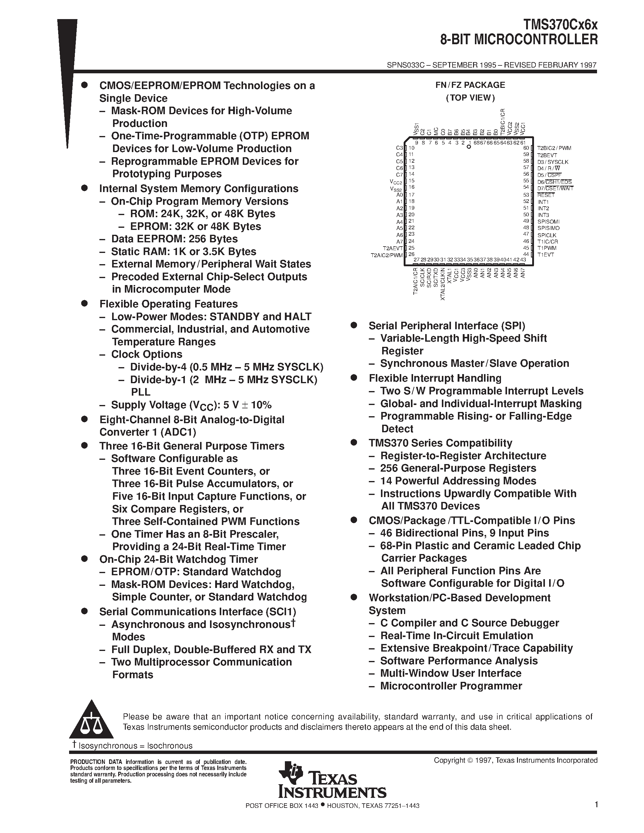 Datasheet TMS370C069A page 1 Datasheet TMS370C069A - 8-BIT MICROCONTROLLER page 1