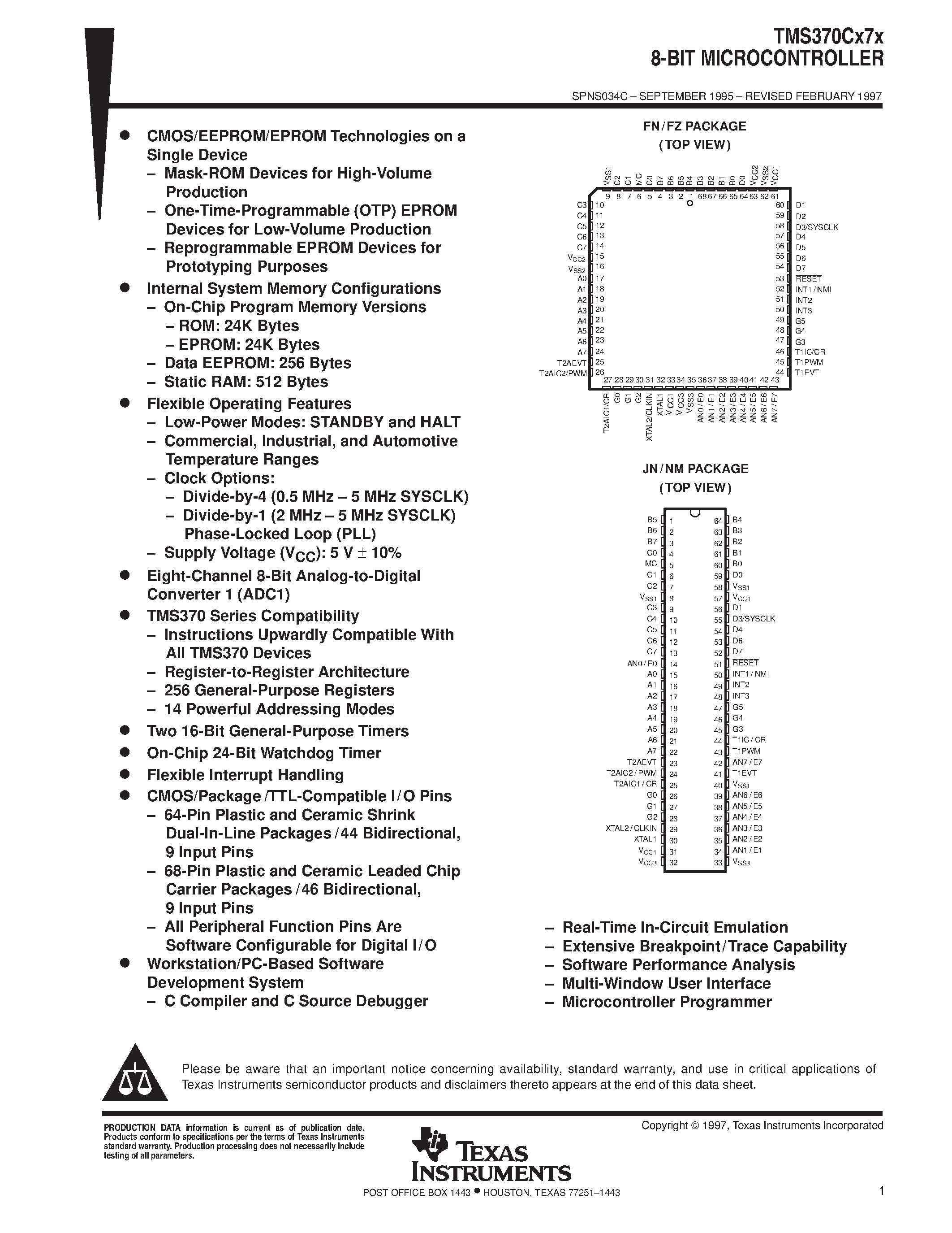 Datasheet TMS370C077A - 8-BIT MICROCONTROLLER page 1