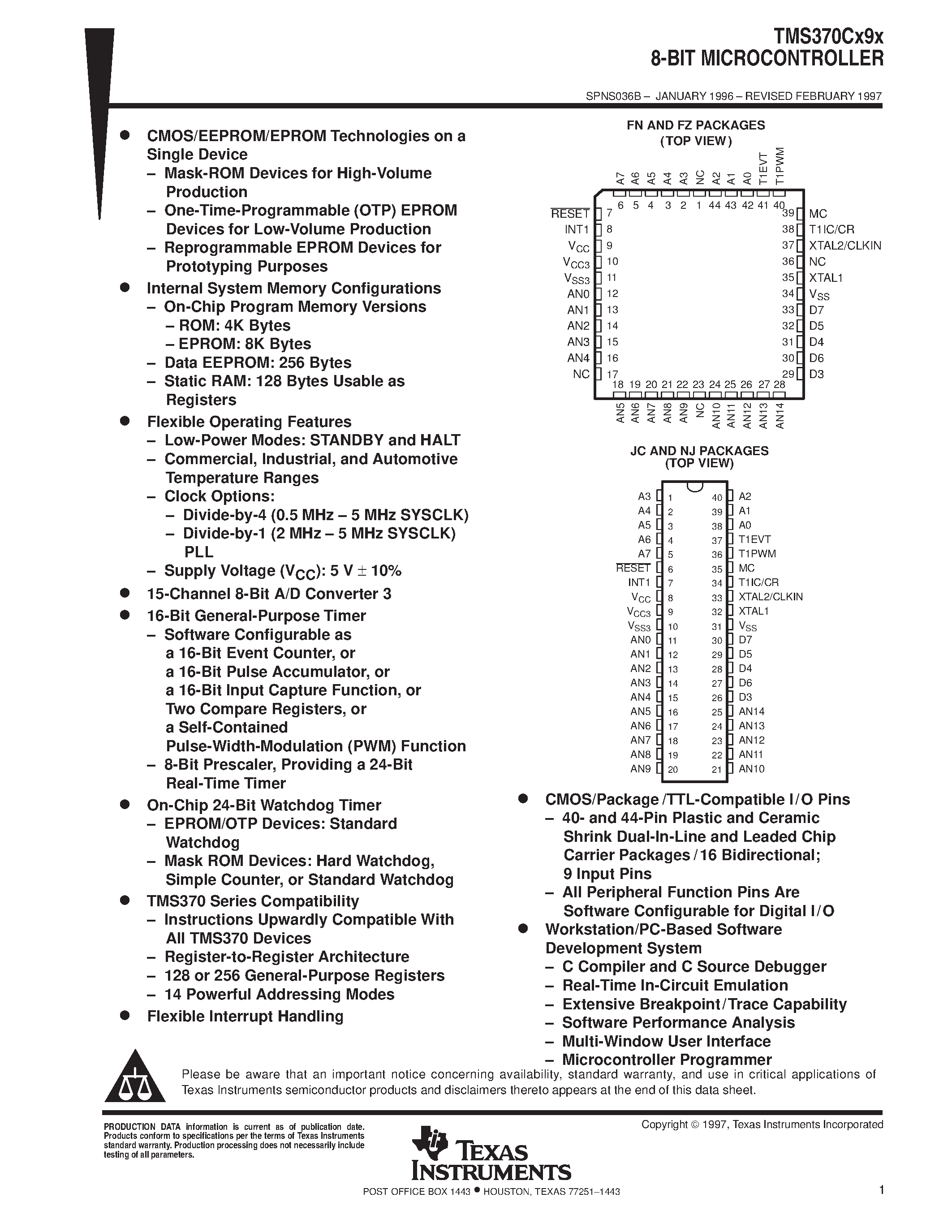 Datasheet TMS370C090A page 1 Datasheet TMS370C090A - 8-BIT MICROCONTROLLER page 1